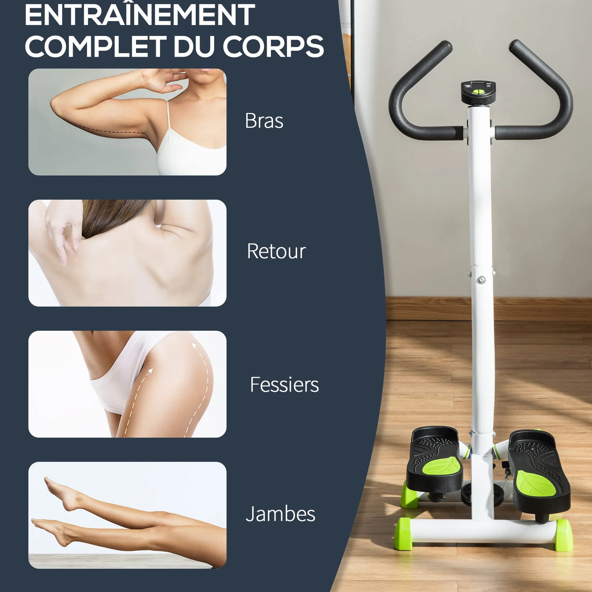 HOMCOM Stepper z Kierownicą Stepper Fitness Apartament LCD Ekran Regulowany opór Ćwiczenia Biodra Nogi Pęcherzyków dla Stali Domowej