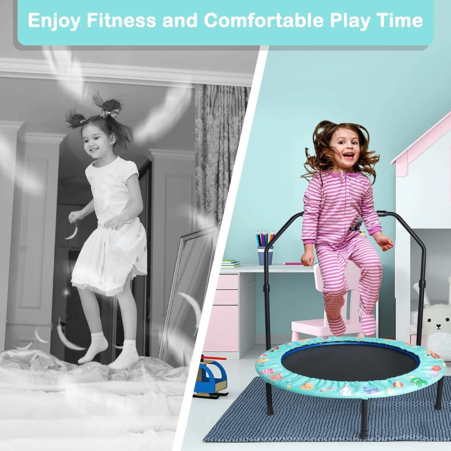 Mini Trampolina Składana dla Dzieci 92 cm z Uchwytem Regulowanym