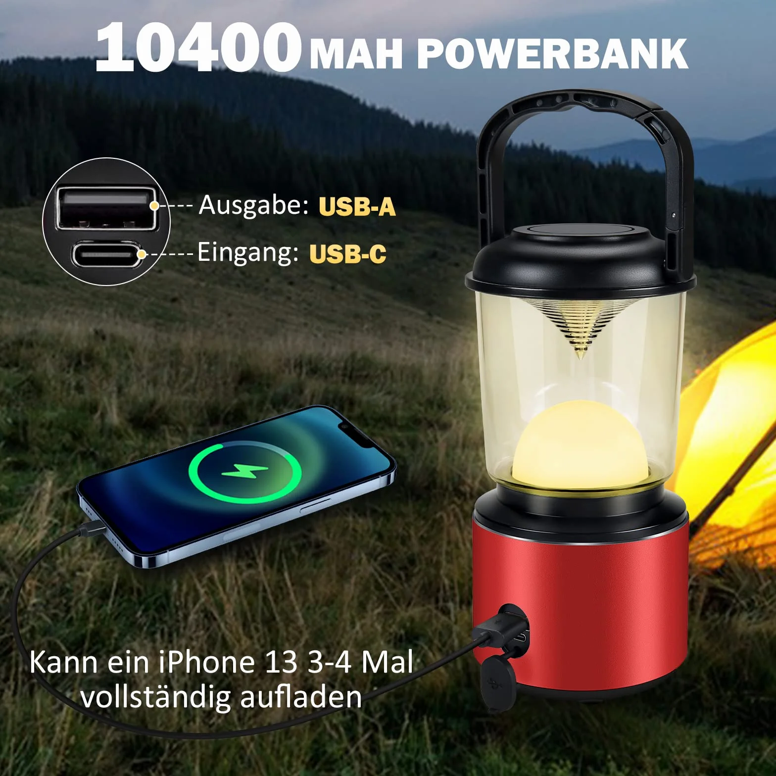 Yonktoo Oświetlenie kempingowe, 10400 mAh, latarnia kempingowa, USB-C z ekranem LED, lampa kempingowa działa 350 godzin, 5 trybów świecenia, wodoodporne światła namiotowe do wędkowania, wędrówek