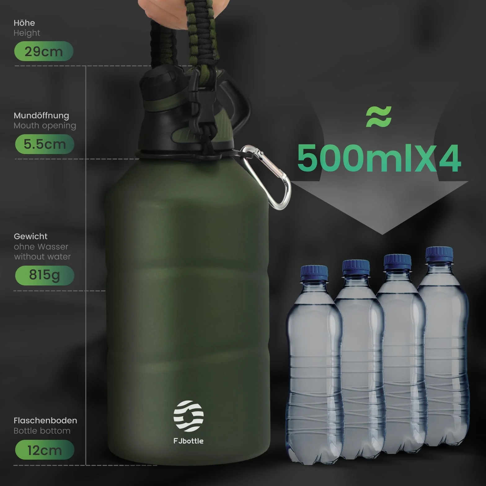 Fjbottle Butelka do picia ze stali nierdzewnej, 1900 ml, z magnetyczną pokrywką, nie zawiera BPA, szczelna, z podwójnymi ściankami, nadaje się do uprawiania sportu, na uczelnię, fitness, kemping, do
