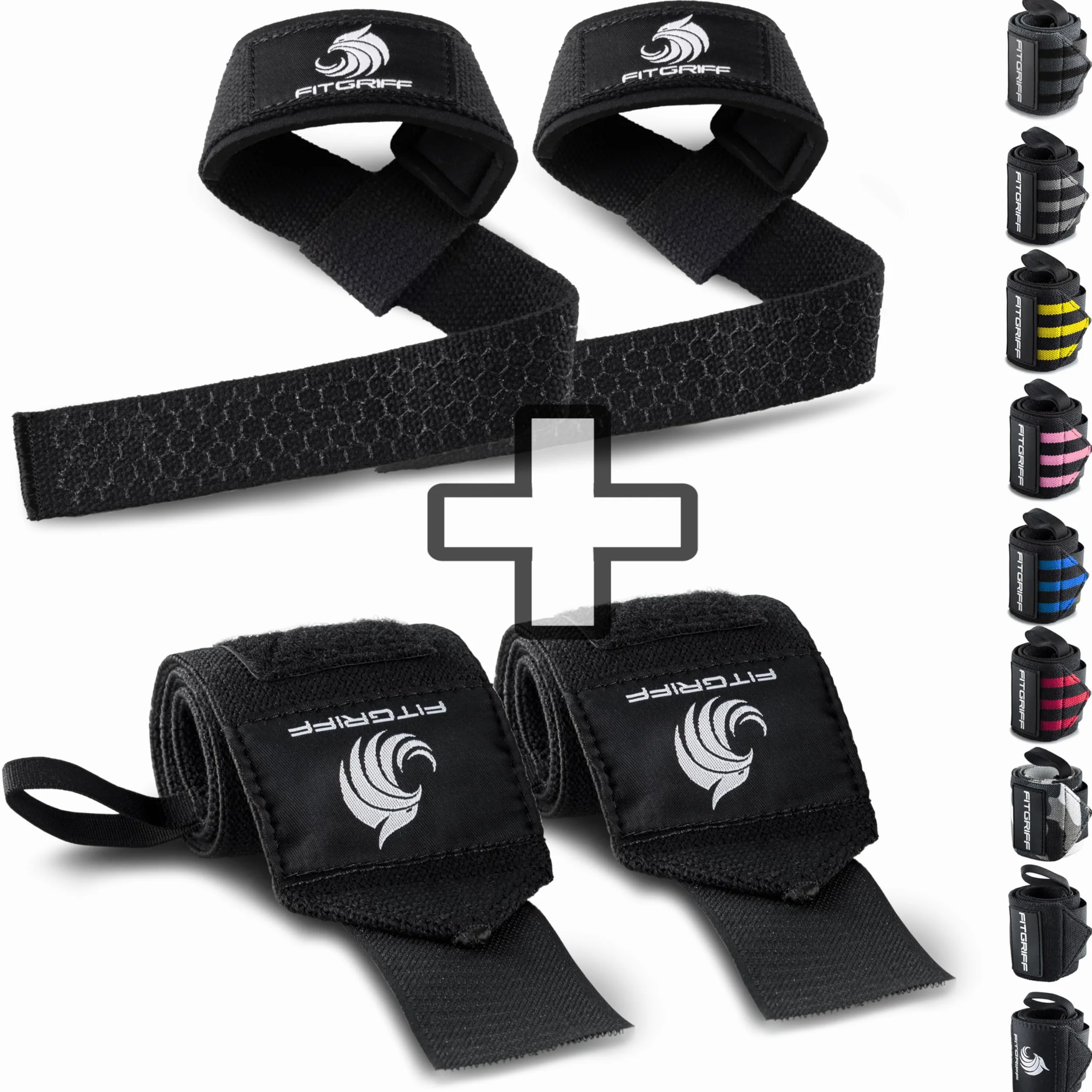 Fitgriff® Bandaże na nadgarstek + pomoc do rozciągania (zestaw 2 szt.) – do treningu siłowego, fitnessu, kulturystyki, podnoszenia ciężarów, siłowni, sportów siłowych – dla kobiet i mężczyzn