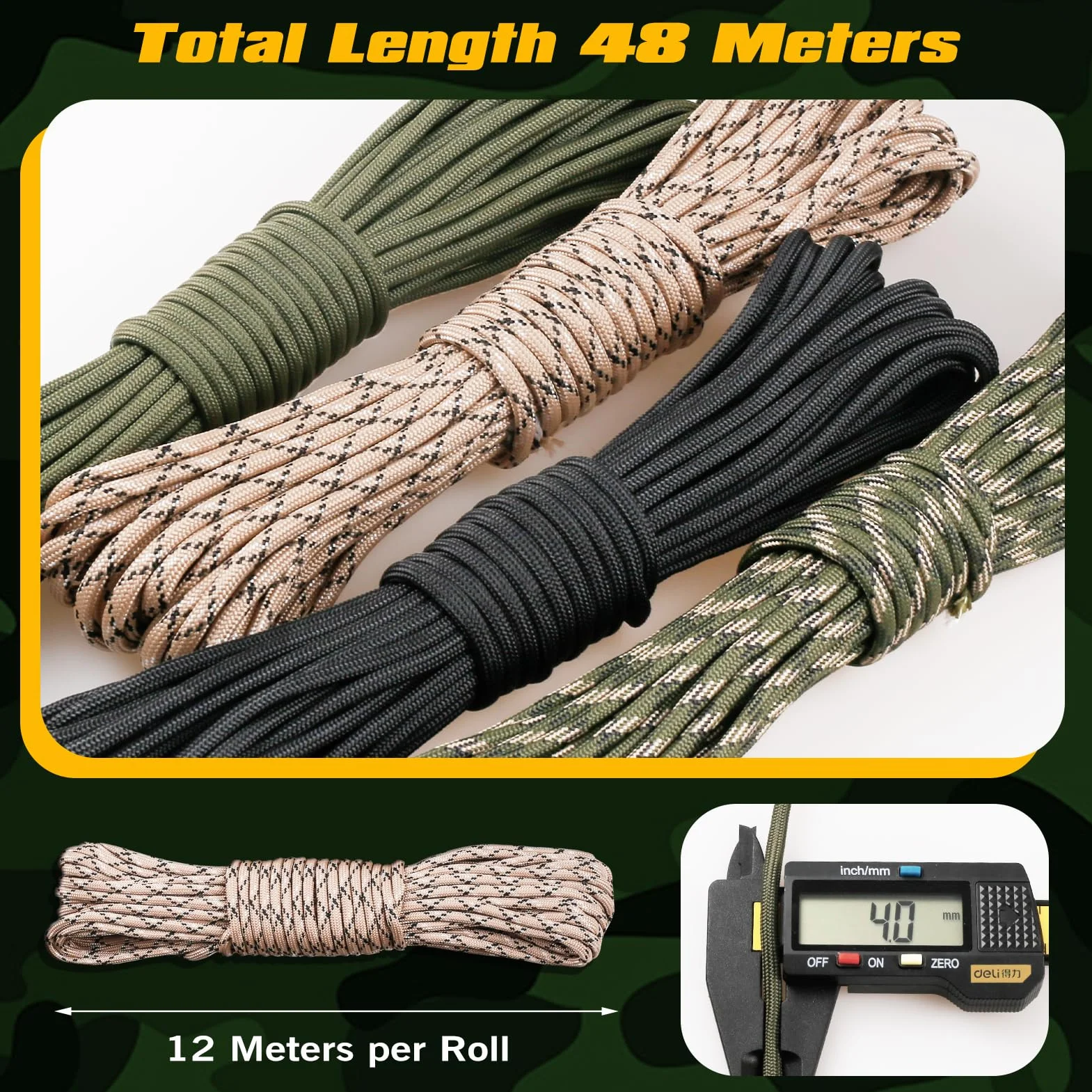 VABNEER Paracord 4 mm, 9 rdzeni, 48 m, zestaw Paracord, 4 rolki typu III, nylonowe sznurki do 295 kg, do bransoletek, breloczków, obroży dla psów, survival, długość całkowita 35 m