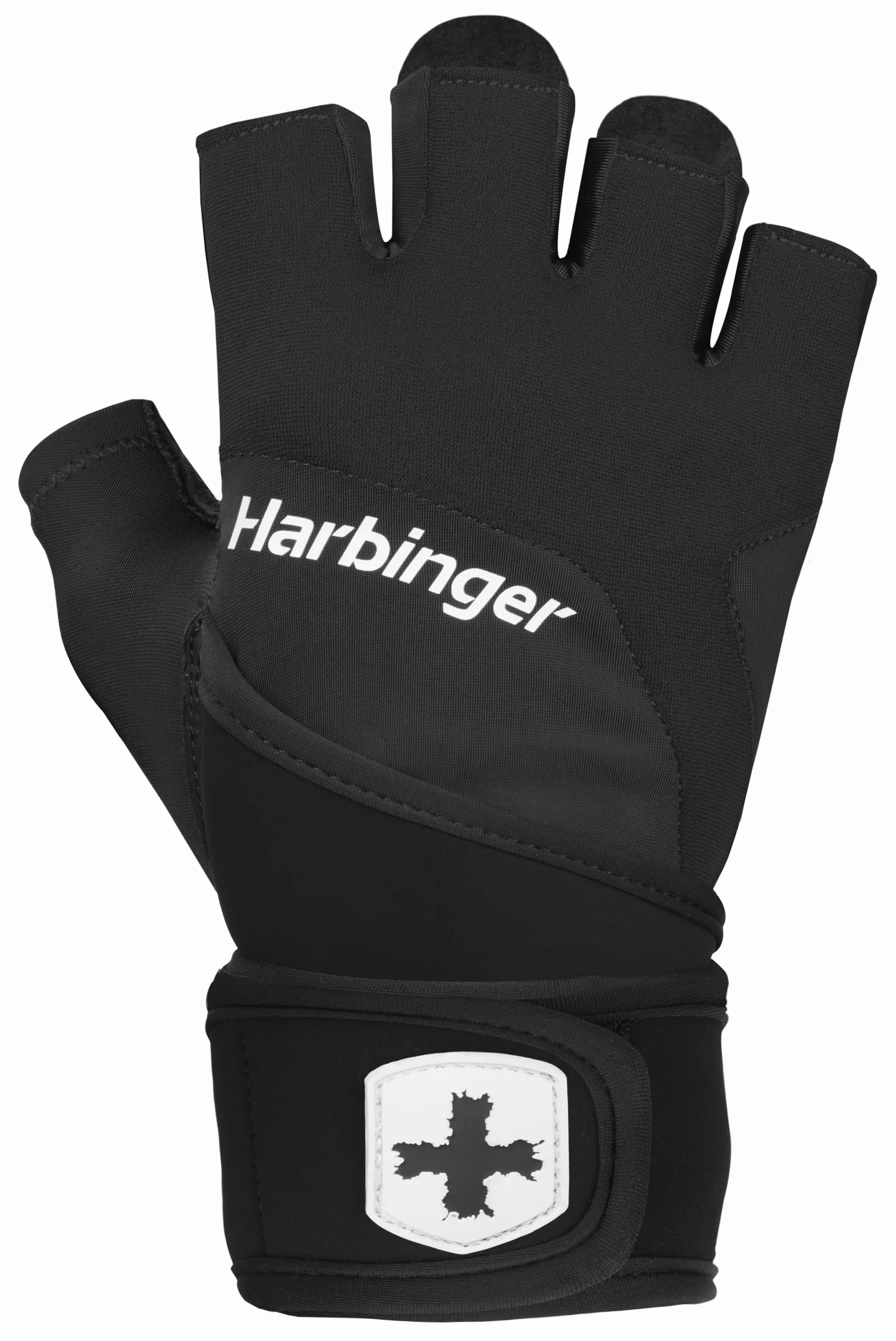 Harbinger Rękawice treningowe Grip Wristwrap 2.0 ciężkie rękawice liftingowe z wyściełaną kulką TechGel, zapięcie na rzepy, 4-kierunkowy stretch, pomoc w ciągnięciu palców, czarne, XL