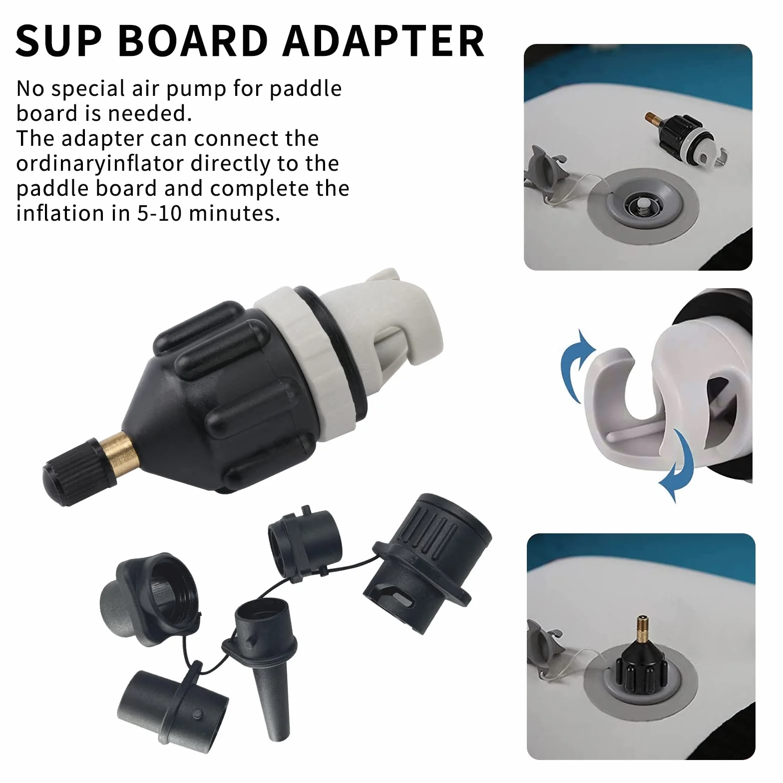 Adapter do sprężarki, pontonu, adapter do wentylu z 4 dyszami gazowymi, akcesoria do surfowania, adapter pompy do deski stojącej, nadmuchiwane łóżko (czarny)