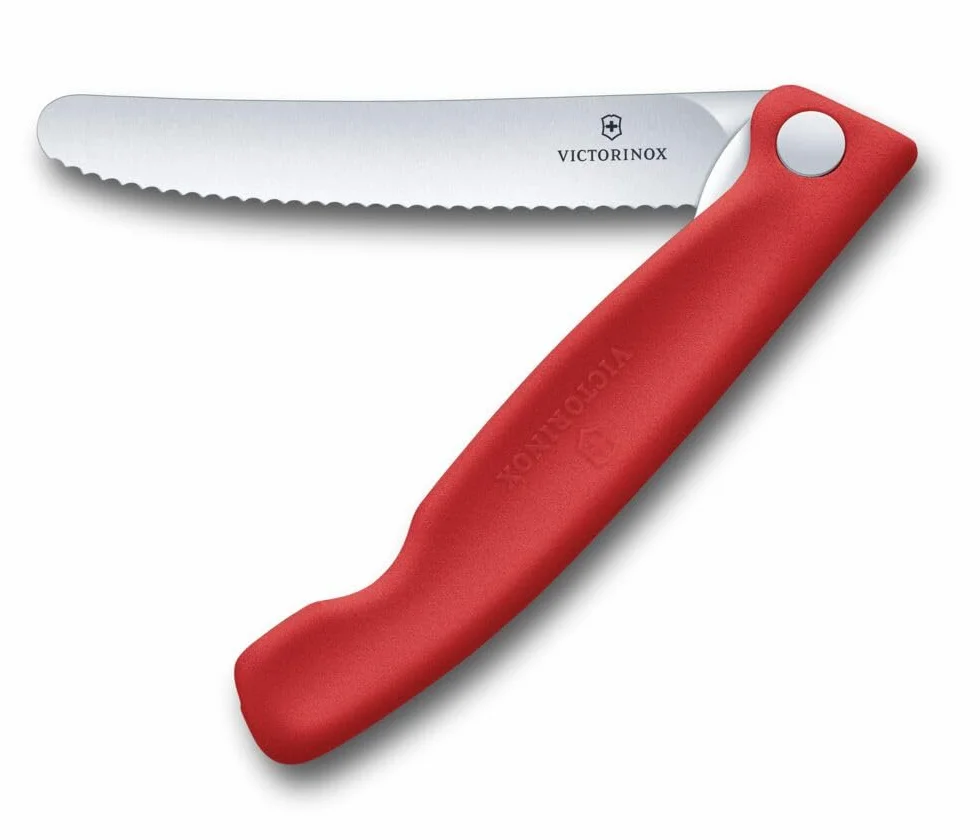 Victorinox Swiss Classic składany nóż piknikowy na wędrówki, owoce, warzywa, bułki, kiełbasy, ząbkowane cięcie, bardzo ostry, czerwony