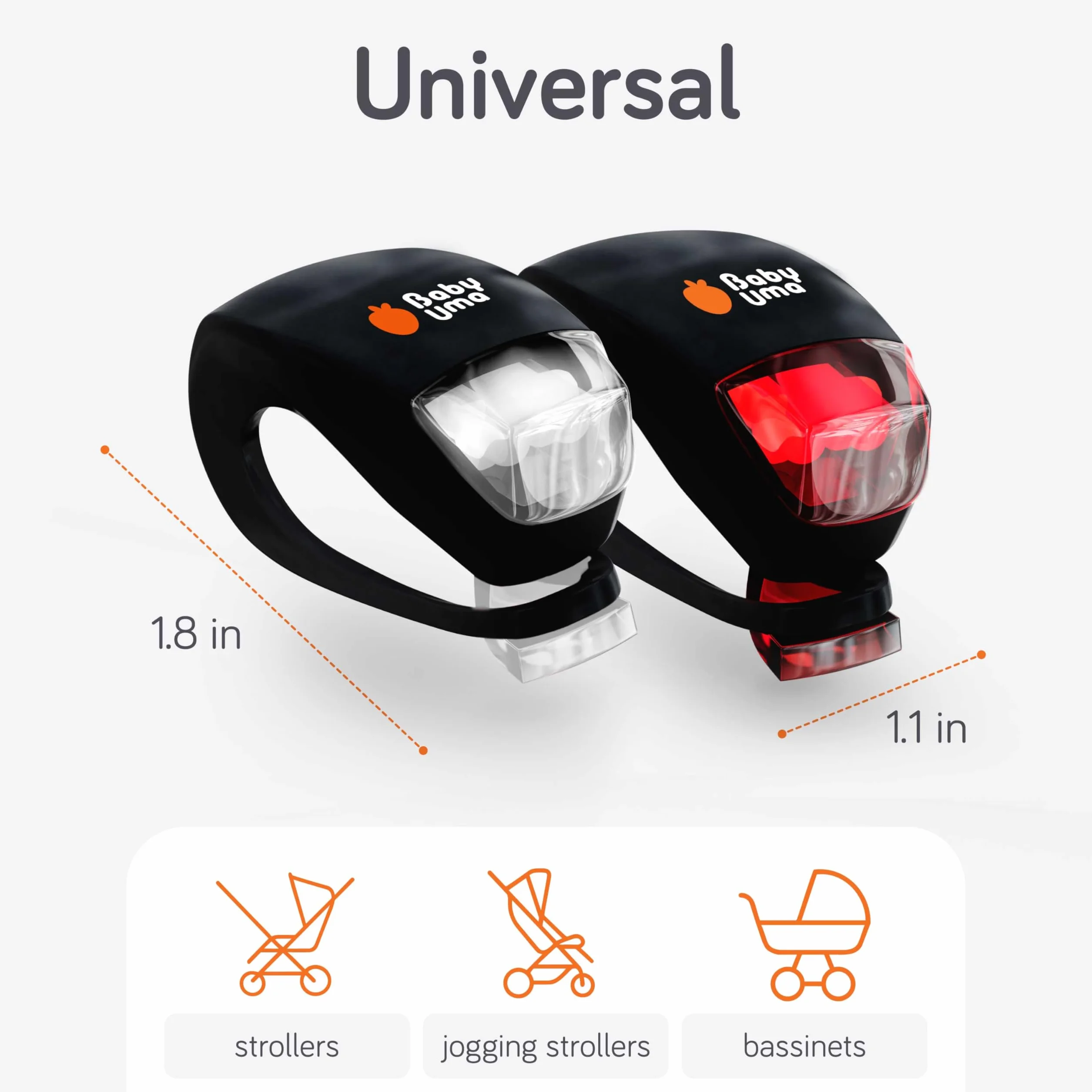 Baby Uma Światła LED do wózka dziecięcego (4 sztuki) – uniwersalne z 3 trybami świecenia (stałe/pulsowe/stroboskopowe), lampki do wózka dziecięcego i rowerowego z przodu i z tyłu (2 białe reflektory i