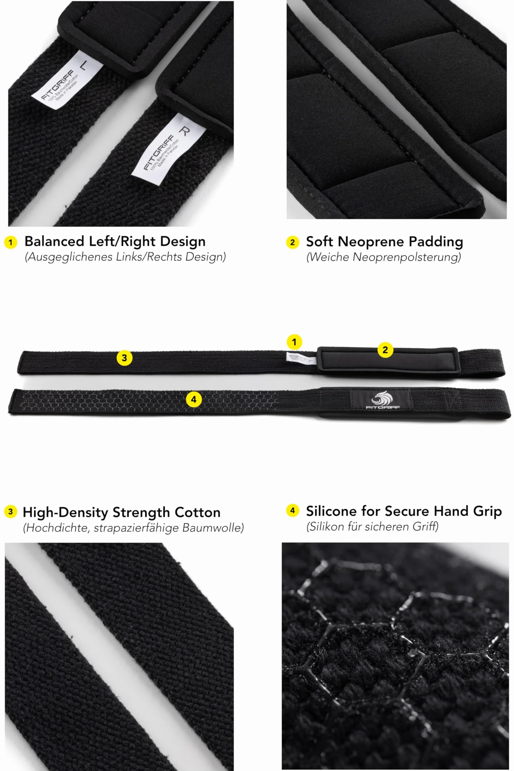 Fitgriff® Bandaże na nadgarstek + pomoc do rozciągania (zestaw 2 szt.) – do treningu siłowego, fitnessu, kulturystyki, podnoszenia ciężarów, siłowni, sportów siłowych – dla kobiet i mężczyzn