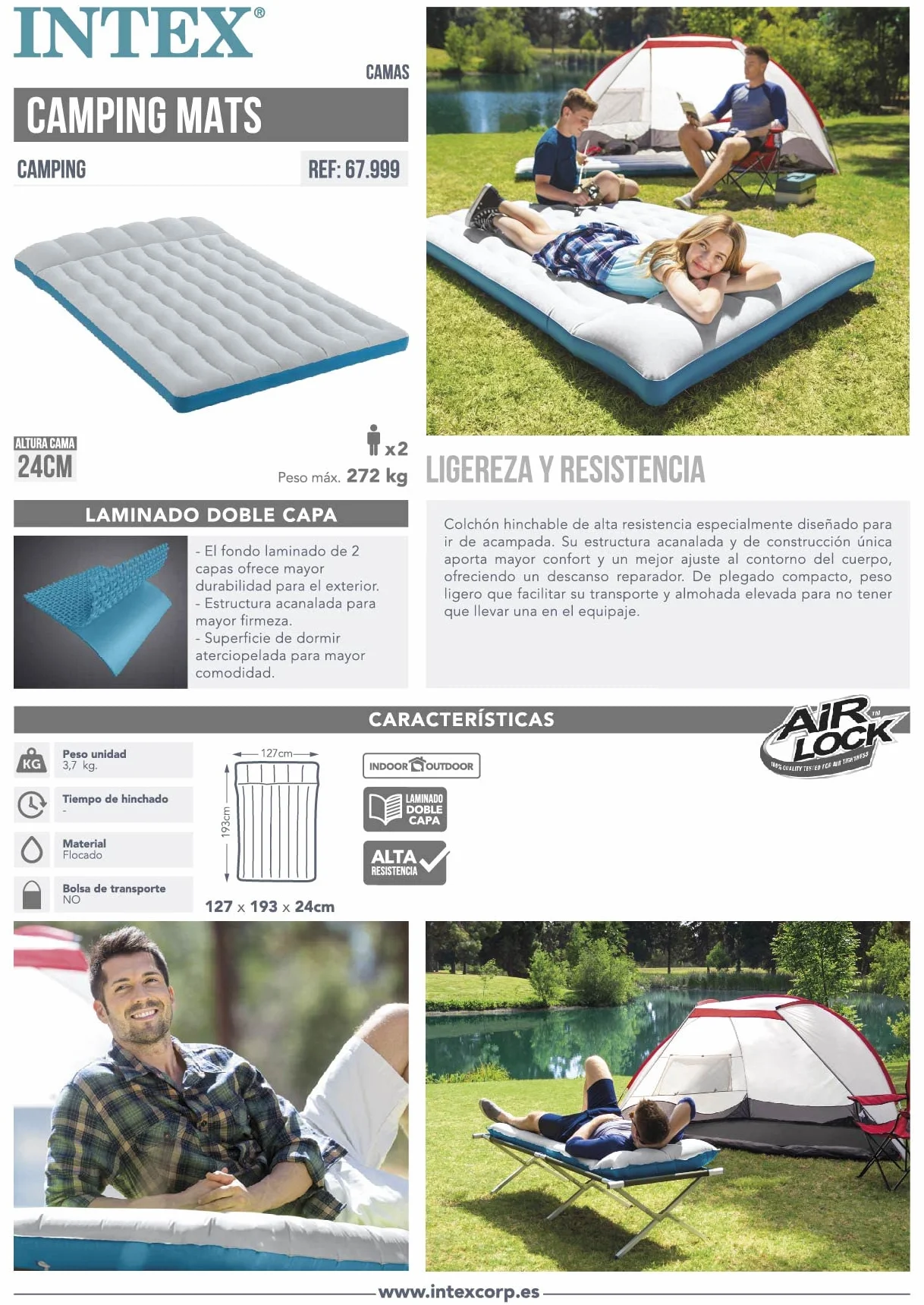 Intex 67999 Materasso Matrimoniale Camping Laminato 193 x 127 x 24 cm Grigio/Blu
