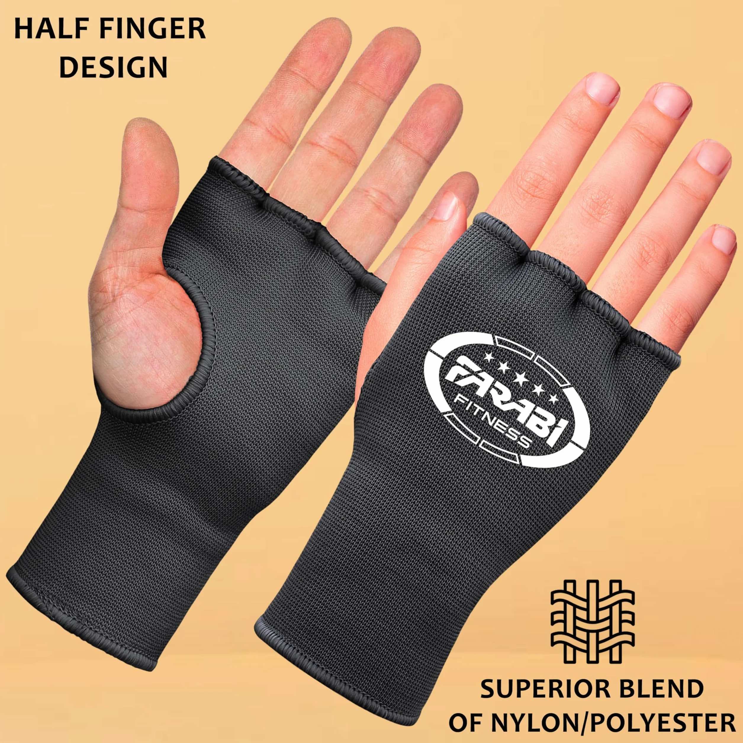 Farabi Sports Boxing Hand Wraps Rękawice wewnętrzne elastyczne na pół palca bez żelowej wyściółki do owijek bokserskich (Black, S/M)