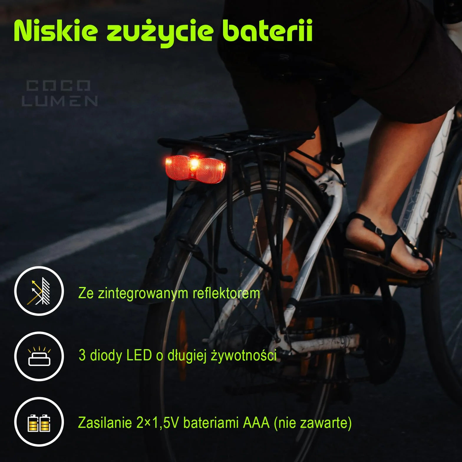 Tylne światło rowerowe LED z reflektorem, dopuszczenie do ruchu drogowego, zasilanie bez baterii