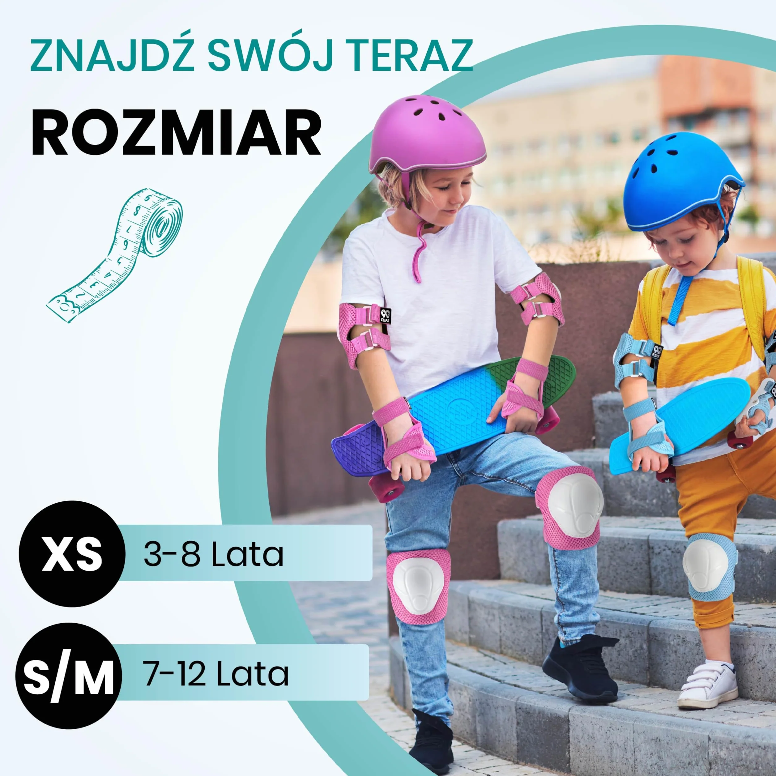 99FLIPS FLASH Miętowe Ochraniacze na Rolki dla Dzieci od 3 lat XS Zestaw 6 el z Certyfikatem GS TÜV Rheinland Nakolanniki i Nałokietniki Dziecięce