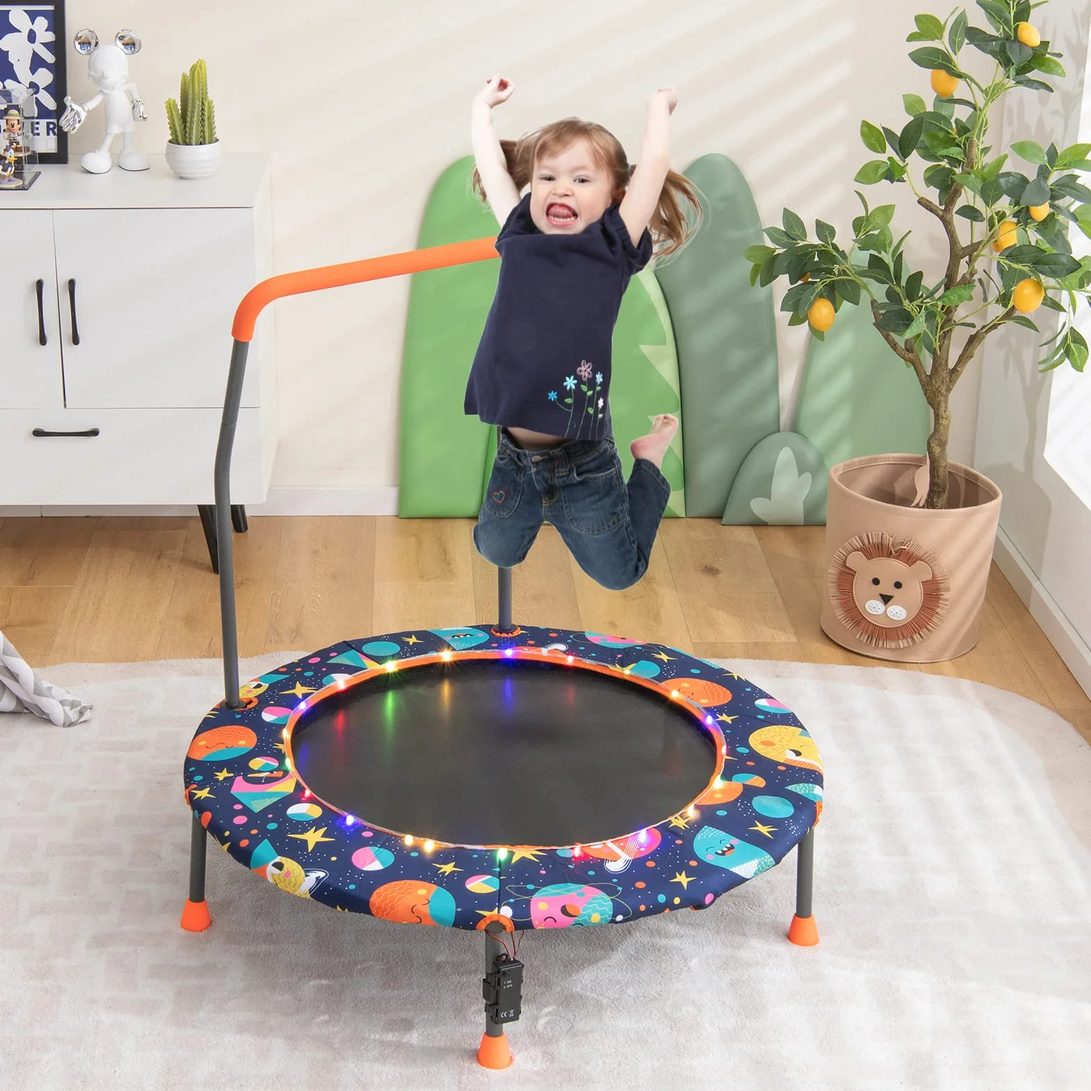 COSTWAY Trampolina dla dzieci 92 cm z oświetleniem LED, uchwyt bezpieczeństwa, obciążenie 25 kg