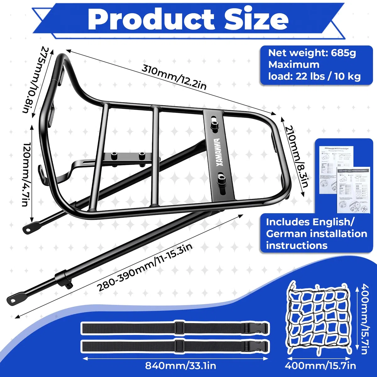 Bagażnik rowerowy z przodu, regulowany, do rowerów górskich o średnicy 22-29", stop aluminium, pojemność 10 kg, 2 metody montażu do rowerów MTB, z siatką i liną