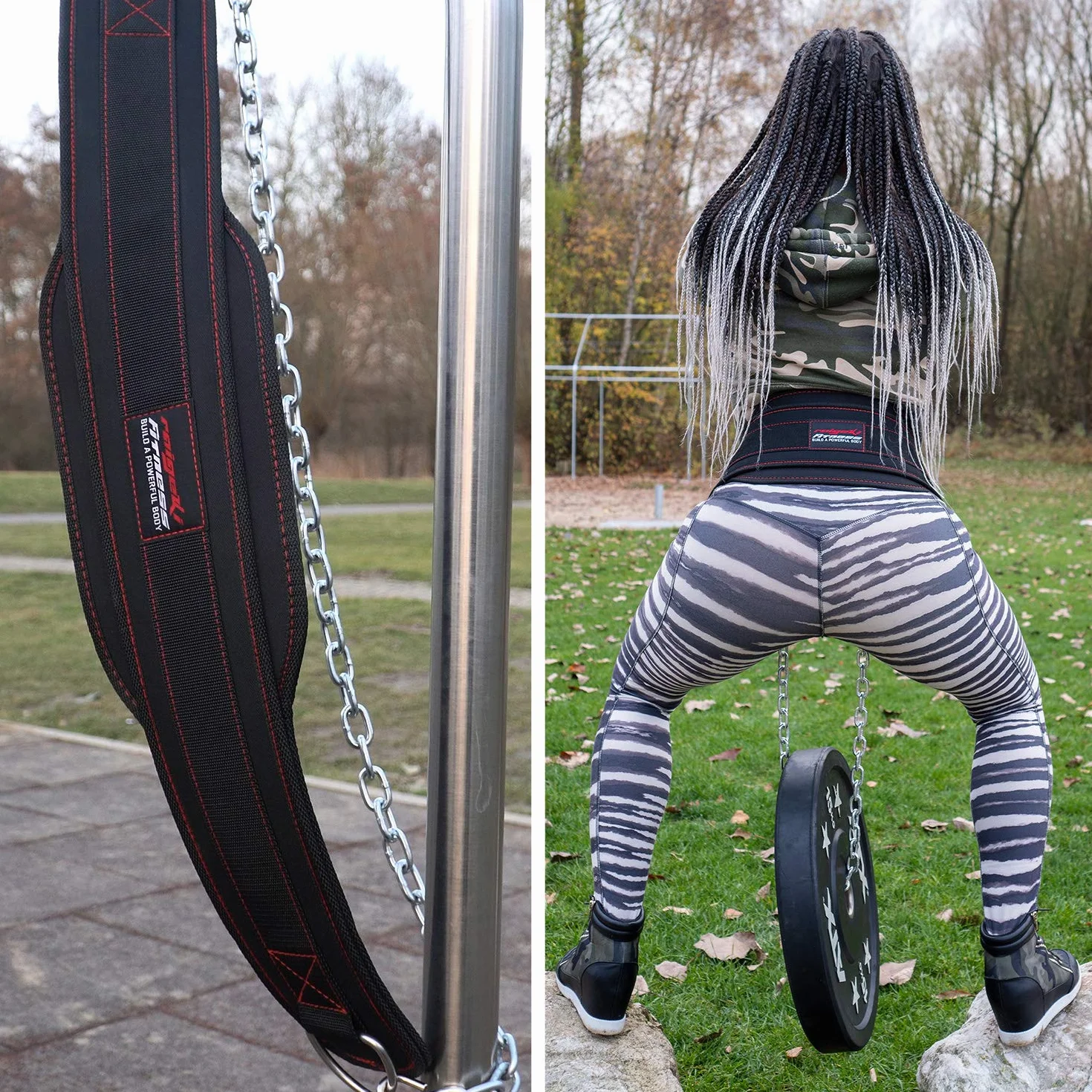 Raigeki pasek do fitnessu z łańcuszkiem, stalowy łańcuch 106 cm (+ plany treningowe) – pas obciążeniowy do treningu siłowego, kulturystyki, podnoszenia ciężarów i podciągania się dla kobiet i mężczyzn