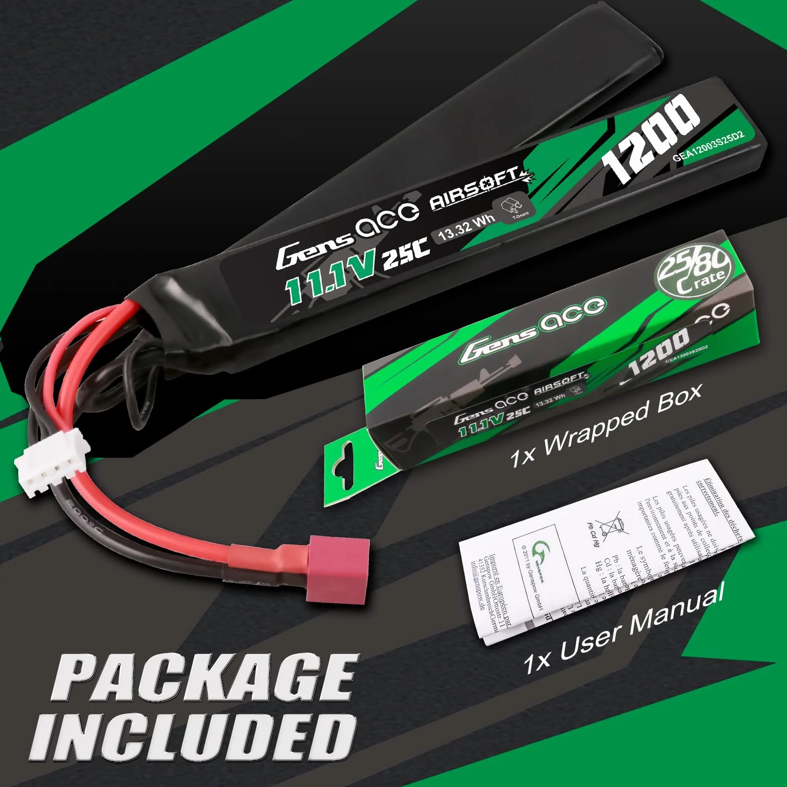 Gens Ace 3S 11,1 V 1200 mAh 25C akumulator LiPo 2-drożny split z wtyczką T Deans do standardowych replik Airsoft/AEG
