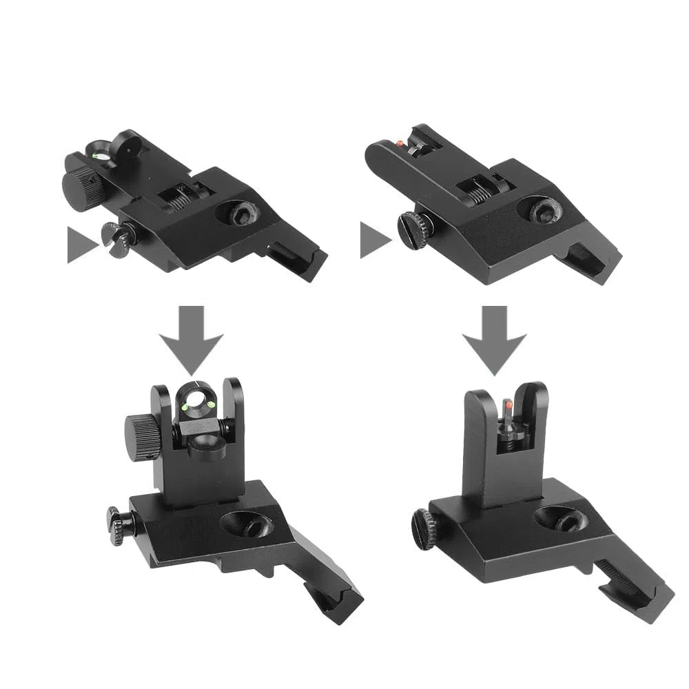 Aluminum Alloy 45 Degree Angled BUIS Front and Rear Flip Up Rapid Transition Backup Iron Sight For Rifle Scope(Black with fiber optic)