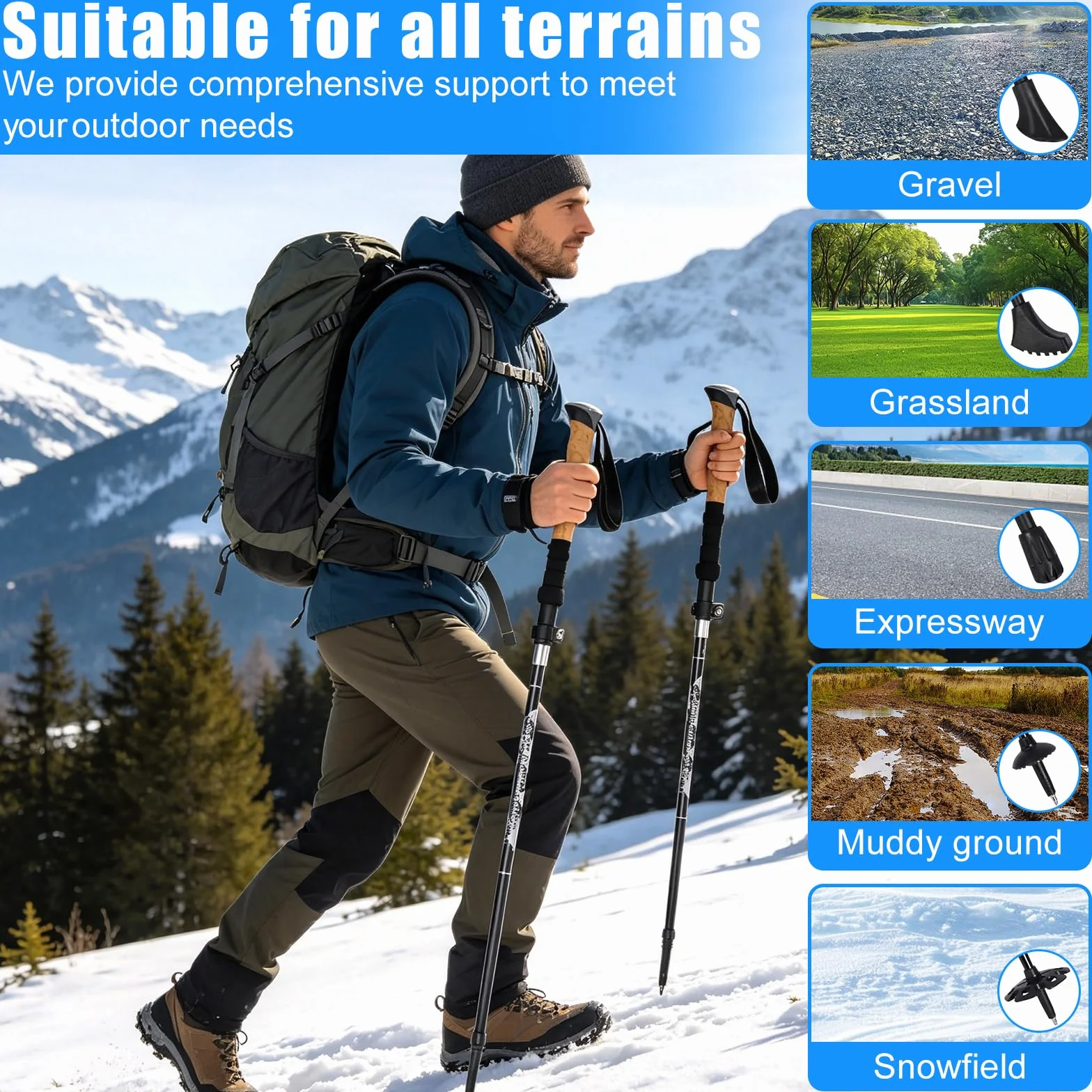 2 PCS Kijki Trekkingowe Teleskopowe 105-135cm Mężczyźni Kobiety, Ultralekkie Aluminium 7075, Kijki do Nordic Walking z Korkowym Uchwytem, Składane z Pokrowcem i Akcesoriami na Narty i Góry
