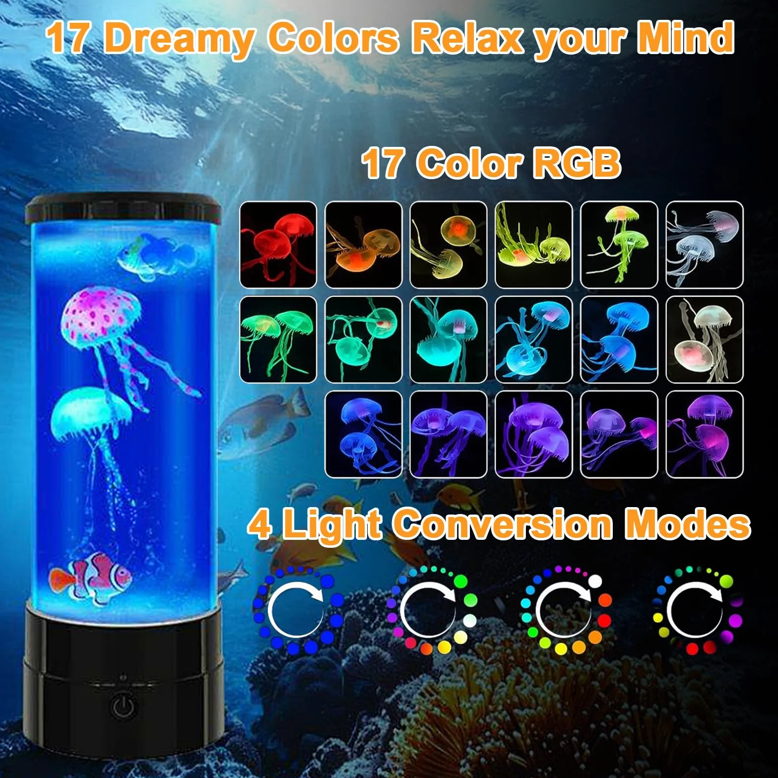 JIMACRO Lampa do akwarium z meduzami LED, 17 kolorów, 4 tryby, 3 jasności, USB, pilot