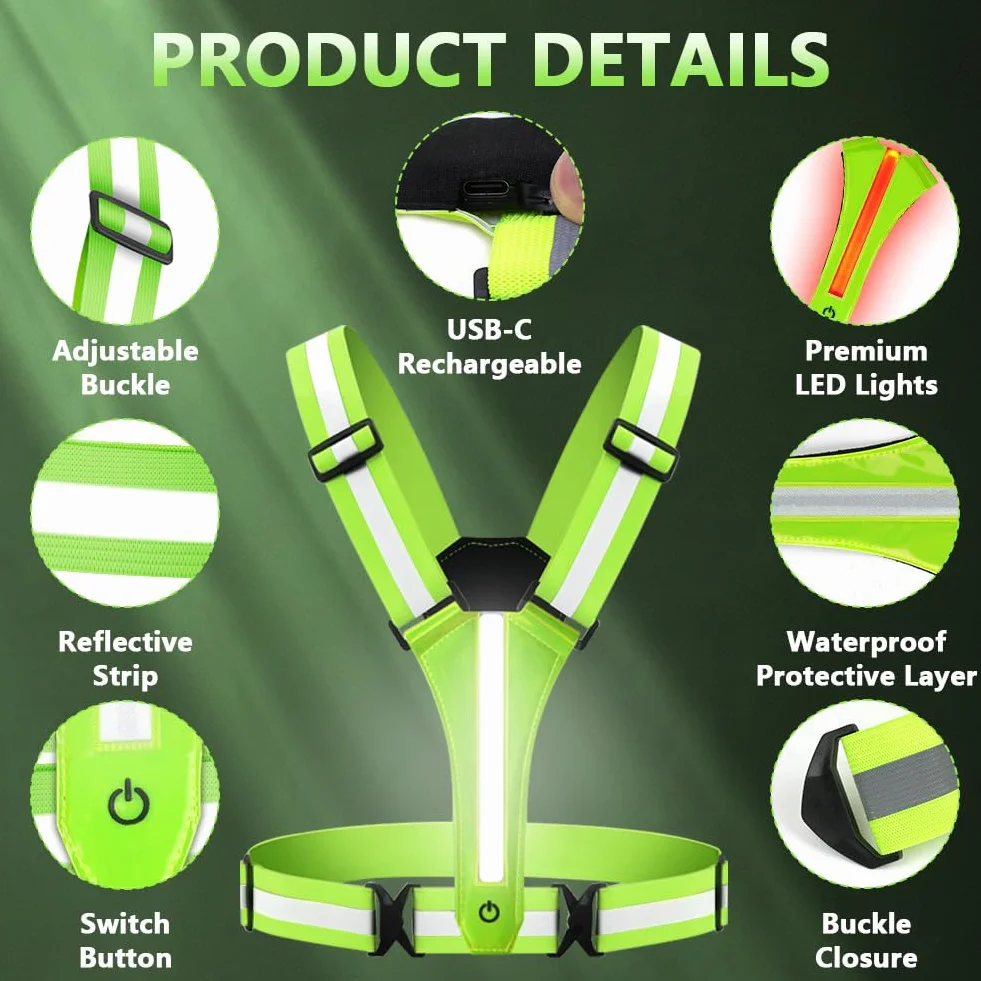 Ainiv LED bezpieczeństwa z akumulatorem USB, odblaskowy pas do biegania LED, kamizelka bezpieczeństwa + odblaskowe paski bezpieczeństwa, do joggingu, biegania, jazdy na rowerze