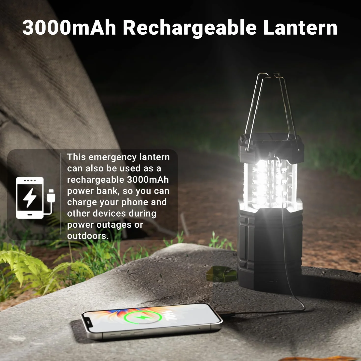 Lampa kempingowa LED solarna 3000 mAh składana wisząca z korbą ręczną i latarką awaryjna