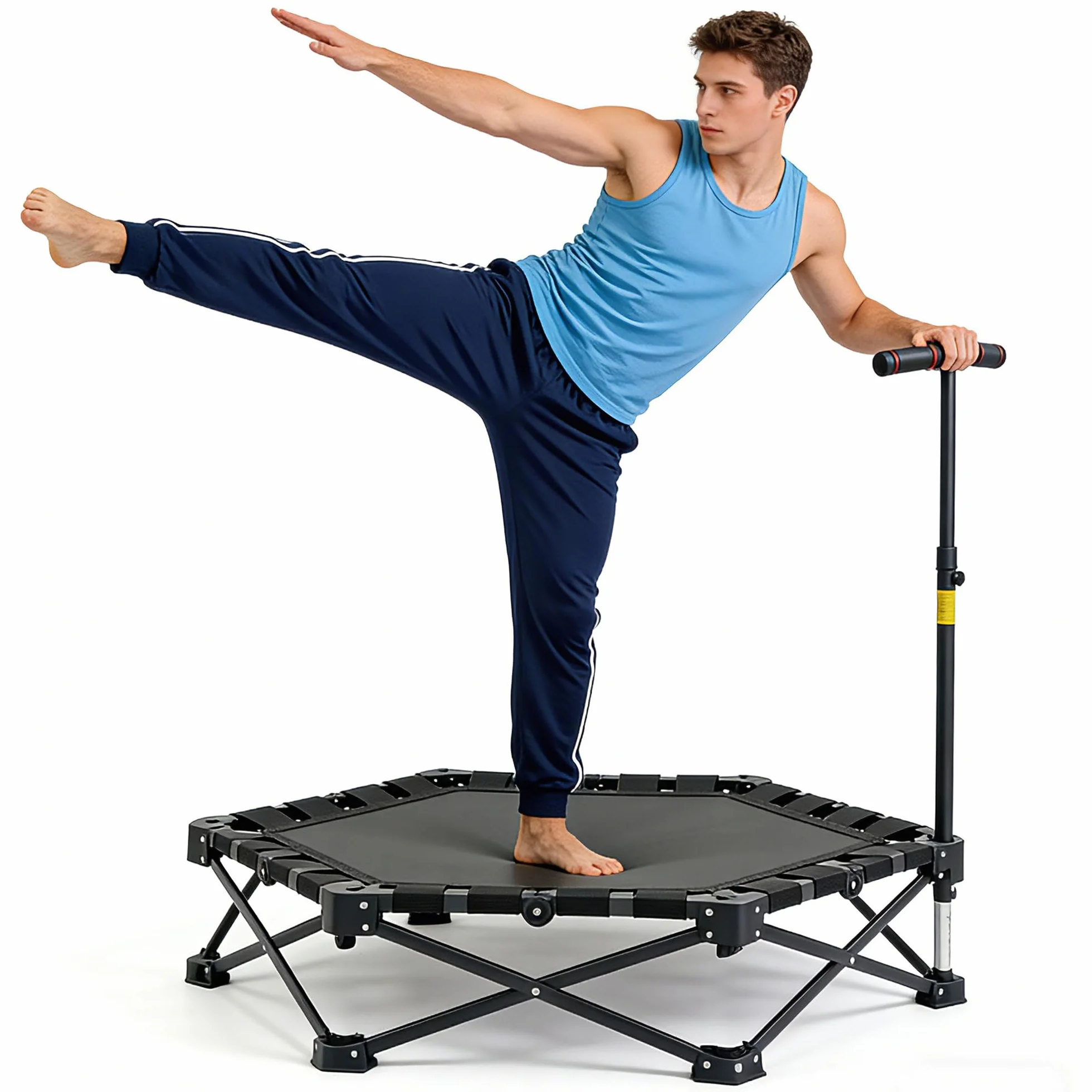 Składana mini trampolina 106 cm, 3-stopniowa regulacja wysokości, bez montażu, do użytku wewnątrz i na zewnątrz, z wytrzymałą ramą X, cicha, antypoślizgowa, do treningu domowego i zabawy