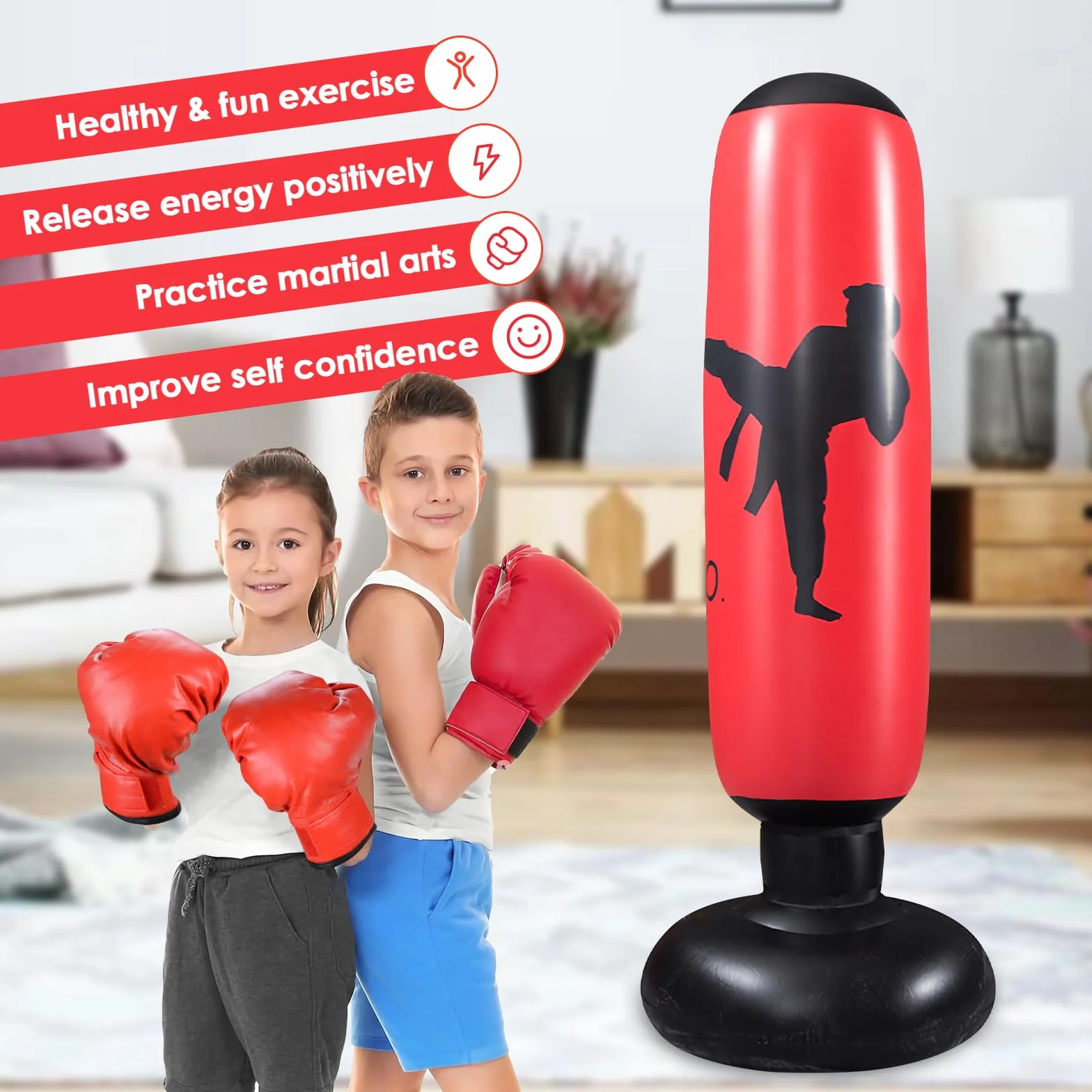 Worek bokserski dla dzieci, nadmuchiwany worek bokserski, 160 cm, stojący worek bokserski z pompką i rękawicami bokserskimi do karate, kickboxingu, sprzętu treningowego, na prezent
