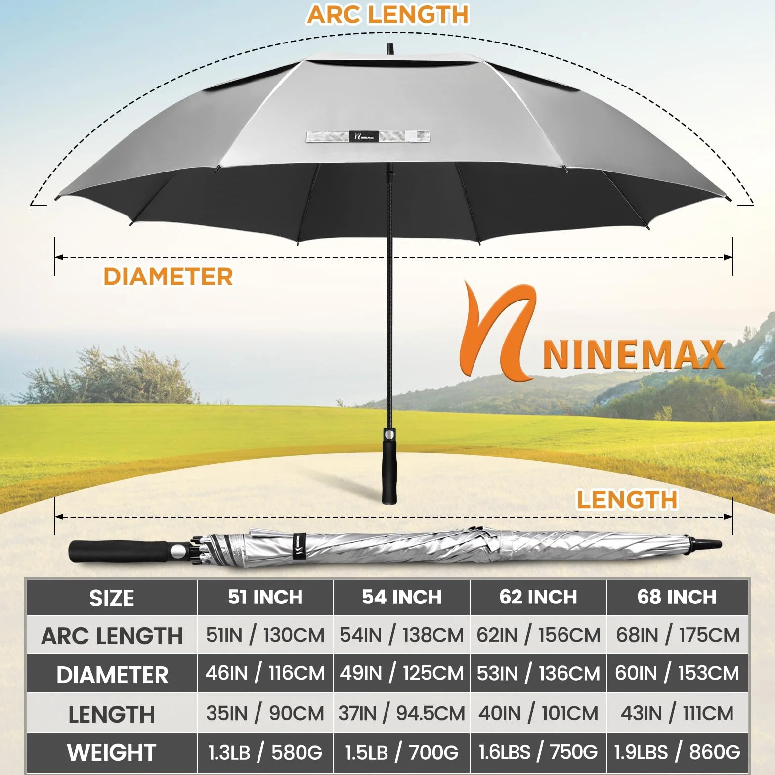 NINEMAX Duży parasol golfowy UV 130/54/162/168 cm, ochrona przed promieniowaniem UV, automatyczne otwierane parasole golfowe, wiatroszczelny, mocny, podwójny baldachim dla kobiet mężczyzn