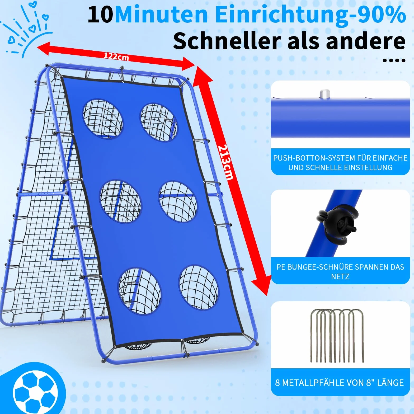 Rebounder do siatkówki, 2,1 x 1,2 m – regulowany przyrząd treningowy, siatka odbicia ze stabilnymi metalowymi słupkami, rebounder do piłki nożnej, siatkówki, koszykówki