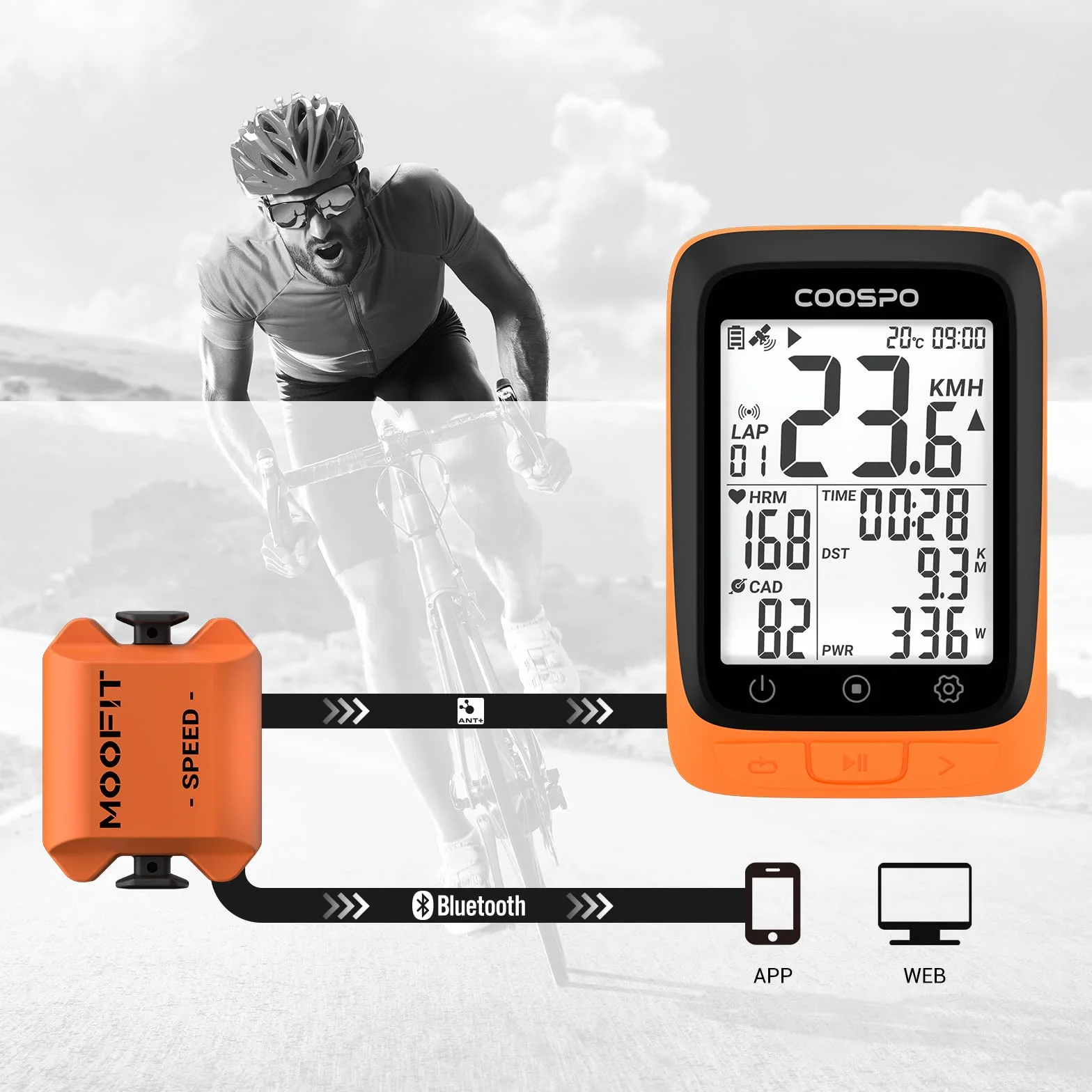 moofit CS8 czujnik prędkości rowerowej i czujnik rytmu, bezprzewodowa prędkość Bluetooth i ANT+, czujnik odległości i czujnik rytmu z wodoodporną technologią IP67, kolor pomarańczowy