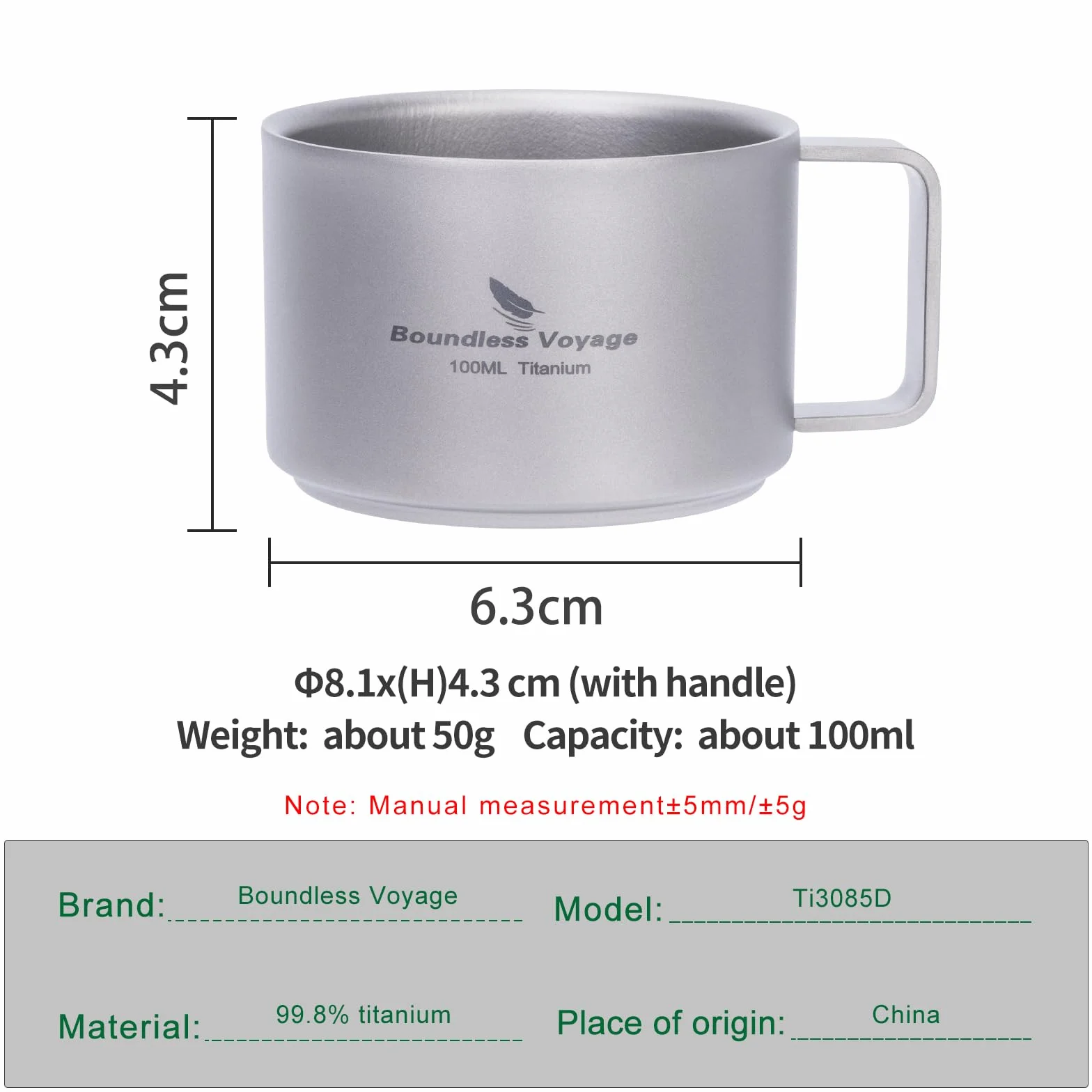 iBasingo Tytanowa filiżanka do kawy, 100 ml, z podwójnymi ściankami, mini kubek do espresso, do użytku na zewnątrz, na kemping, podróż, przenośny, trwały, metalowy naczynie do picia, Ti3085D (3)