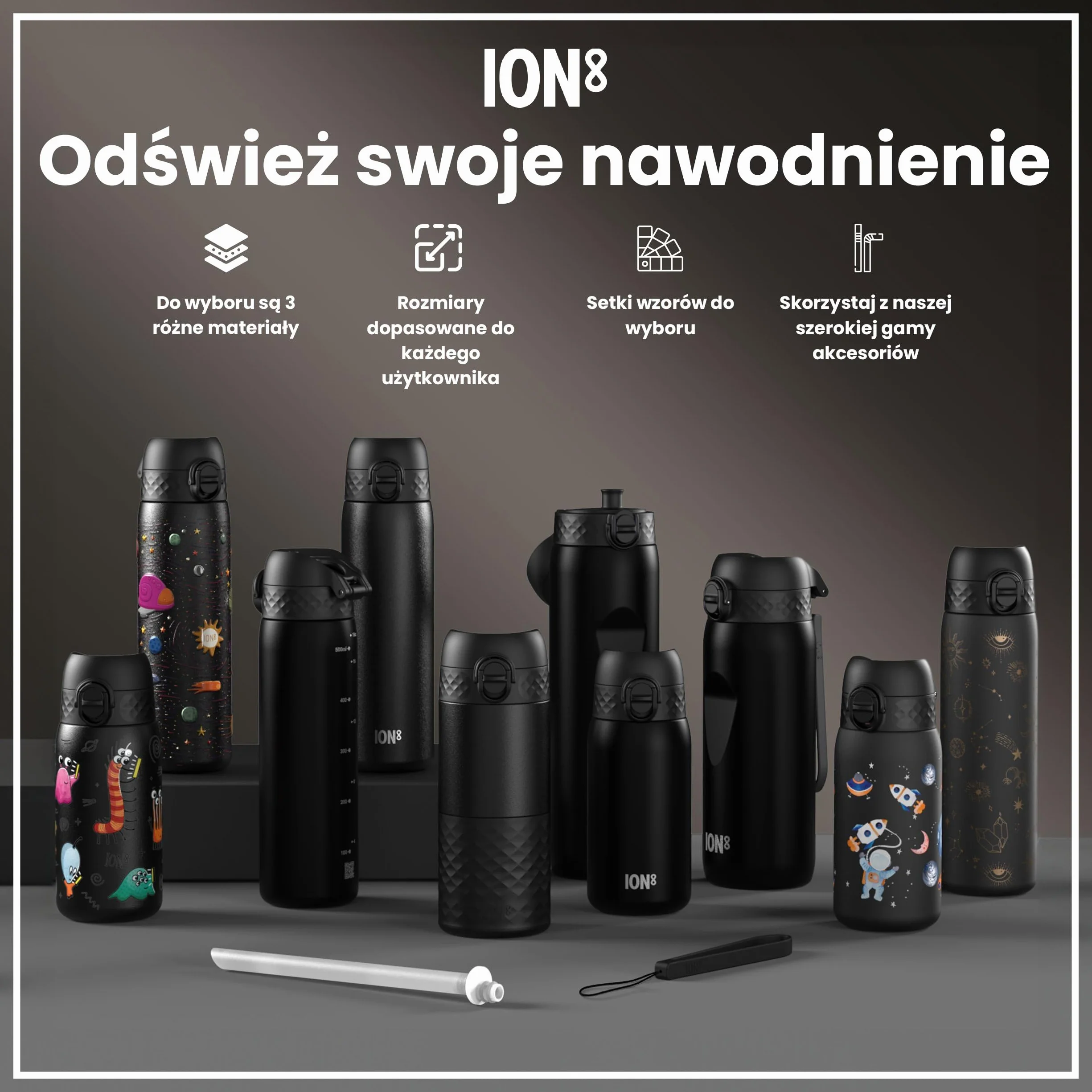 ION8 Butelka na Wodę ze Lekki Stali, 1 Litra, Nieocieplany, Szczelna, Łatwa do Otwarcia, Bezpieczne Zamykanie, Uchwyt do Noszenia, Możliwość Mycia w Zmywarce, Trwałe, Czarny