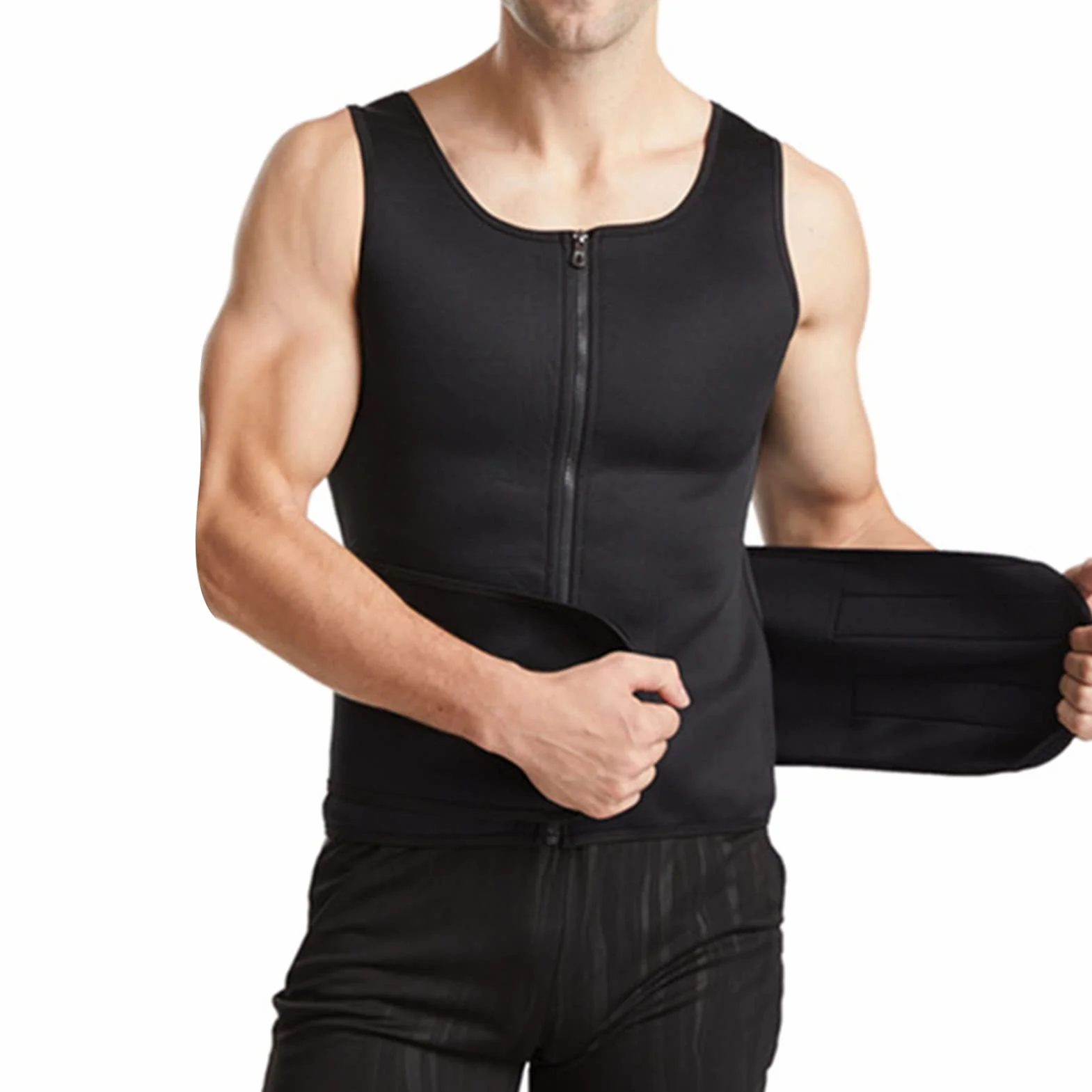 Męska kamizelka modelująca sylwetkę, do sauny, fitness, miękka, oddychająca, podwójny pasek, kamizelka do trymerów talii, trenera, wyszczuplająca kamizelka do sauny (czarna, L)