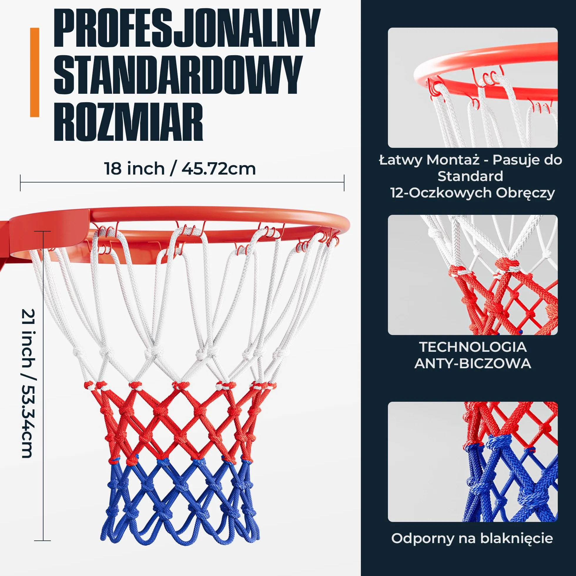 2x Siatka do Koszykówki 150g – Wytrzymała Siatka Zapasowa na Kosz – Na Zewnątrz, Odporna na Warunki Atmosferyczne, 12 Pętli – Biała, Czerwona i Niebieska