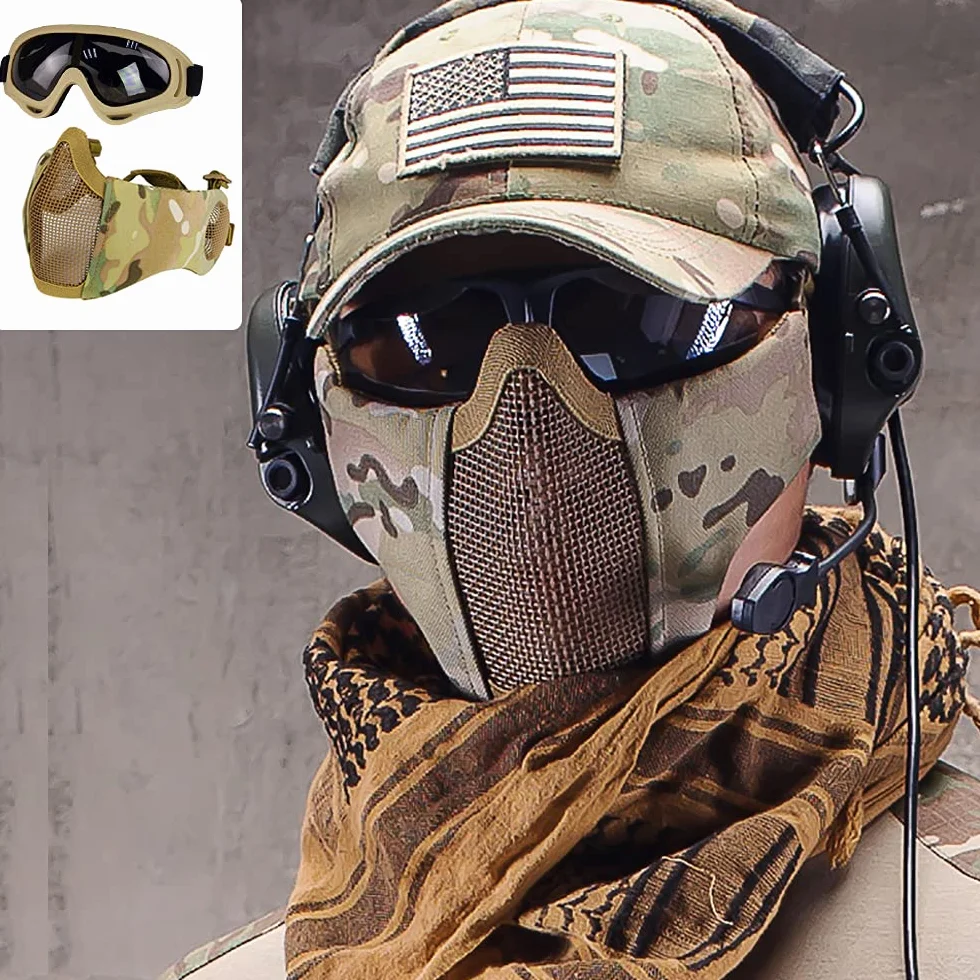 Zestaw sprzętu ochronnego Airsoft, półmaska siatkowa z ochroną uszu i goglami, zestaw do CS, polowania, paintballa, strzelania