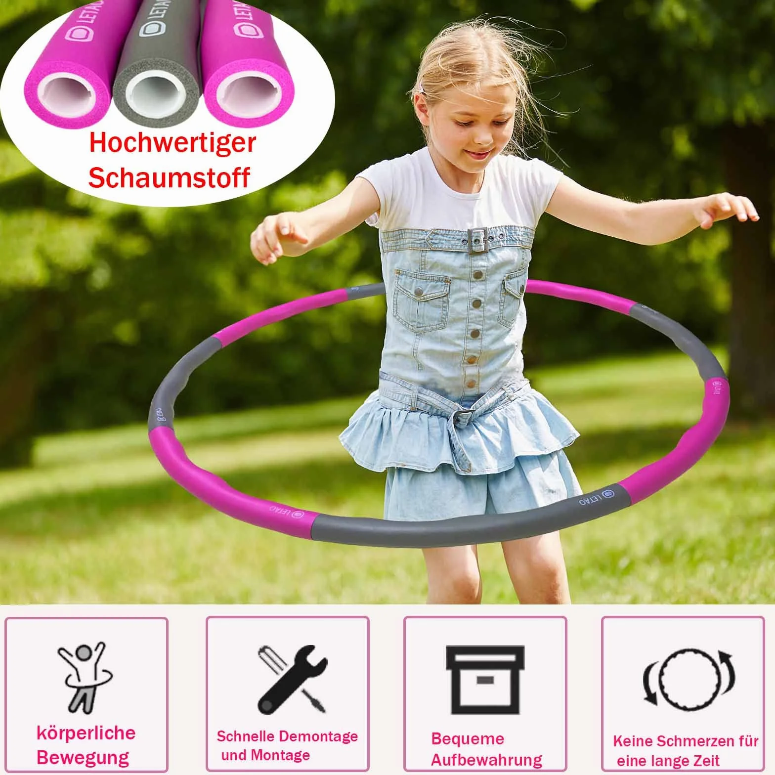 LETAO Hula hop dla dzieci w wieku 8-15 lat | różowo-szare hula hop dla dzieci, możliwość rozłożenia, łącznie z elektroniczną instrukcją obsługi