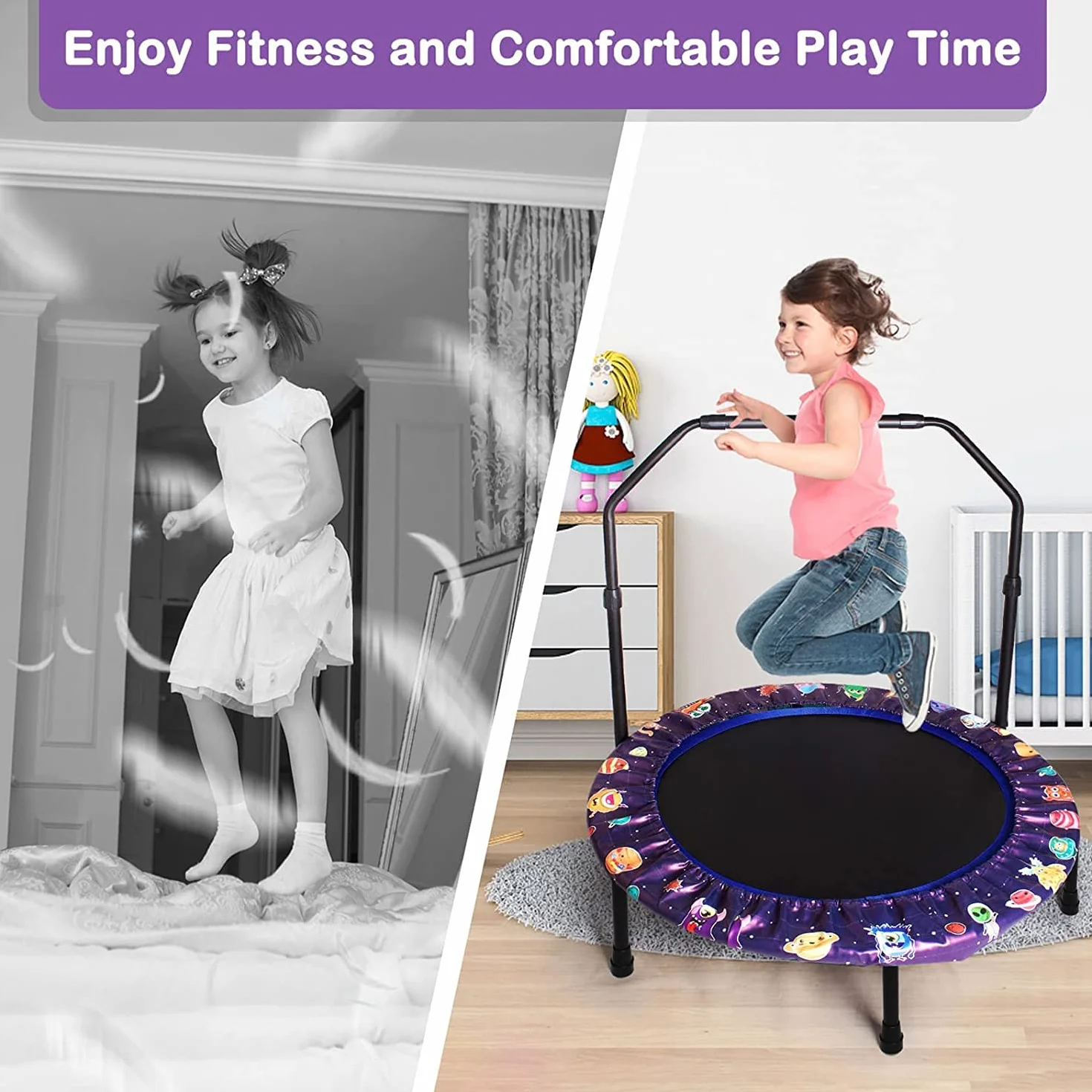 Trampolina dla dzieci, 36 cali, mini trampolina dla dzieci z regulowanym uchwytem, trampolina dla dzieci z wyściełaną osłoną bezpieczeństwa, trampolina do skakania wewnątrz lub na zewnątrz
