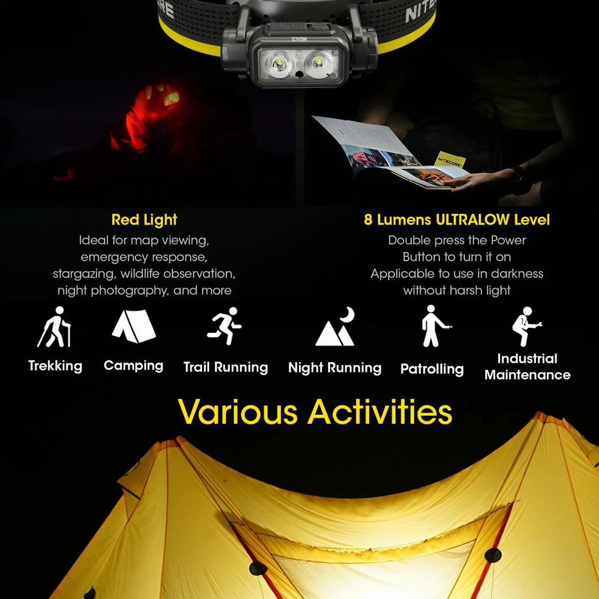 Nitecore Latarka czołowa NU43, lekka, ładowana przez USB C, 1400 lumenów, zasięg świecenia 130 m, czerwone światło do widzenia w nocy