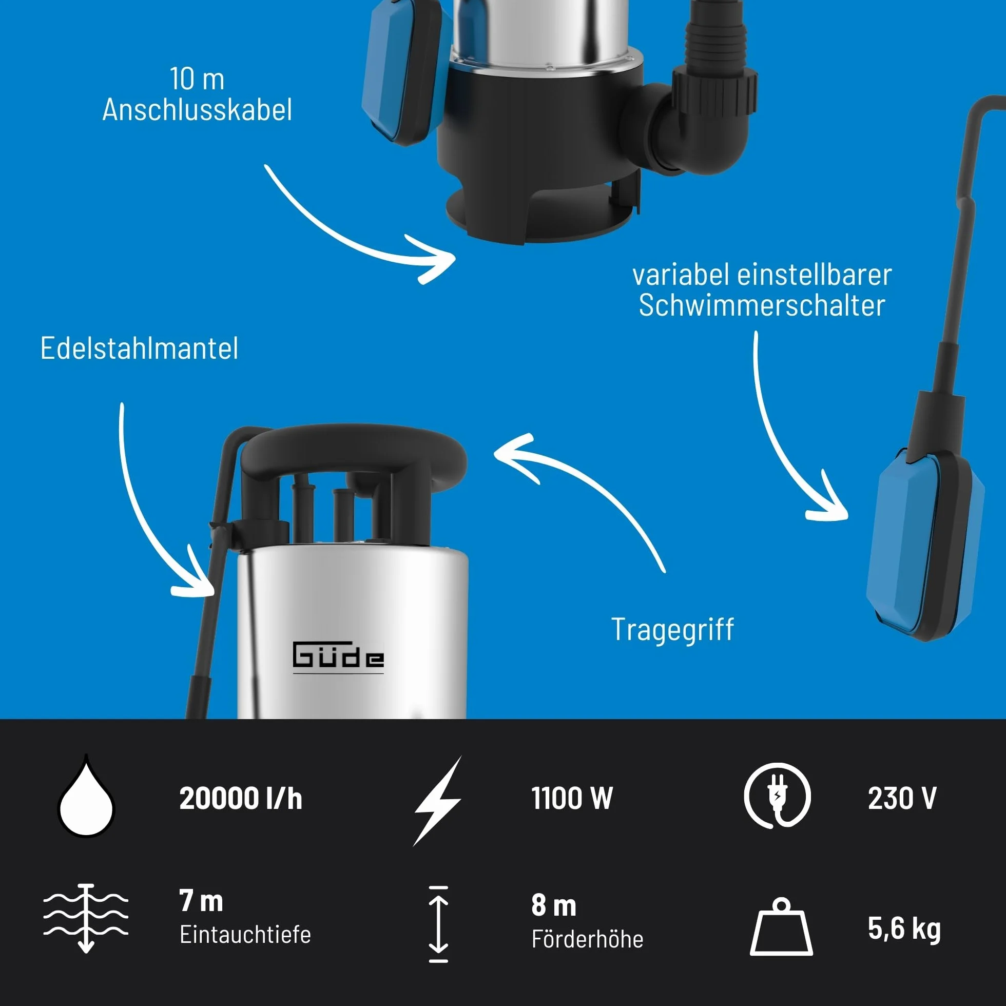 Güde Pompa zanurzeniowa do brudnej wody GS 1103 PI 1100 W 20000 l/h 8 m 7 m wirnik z norylu stal