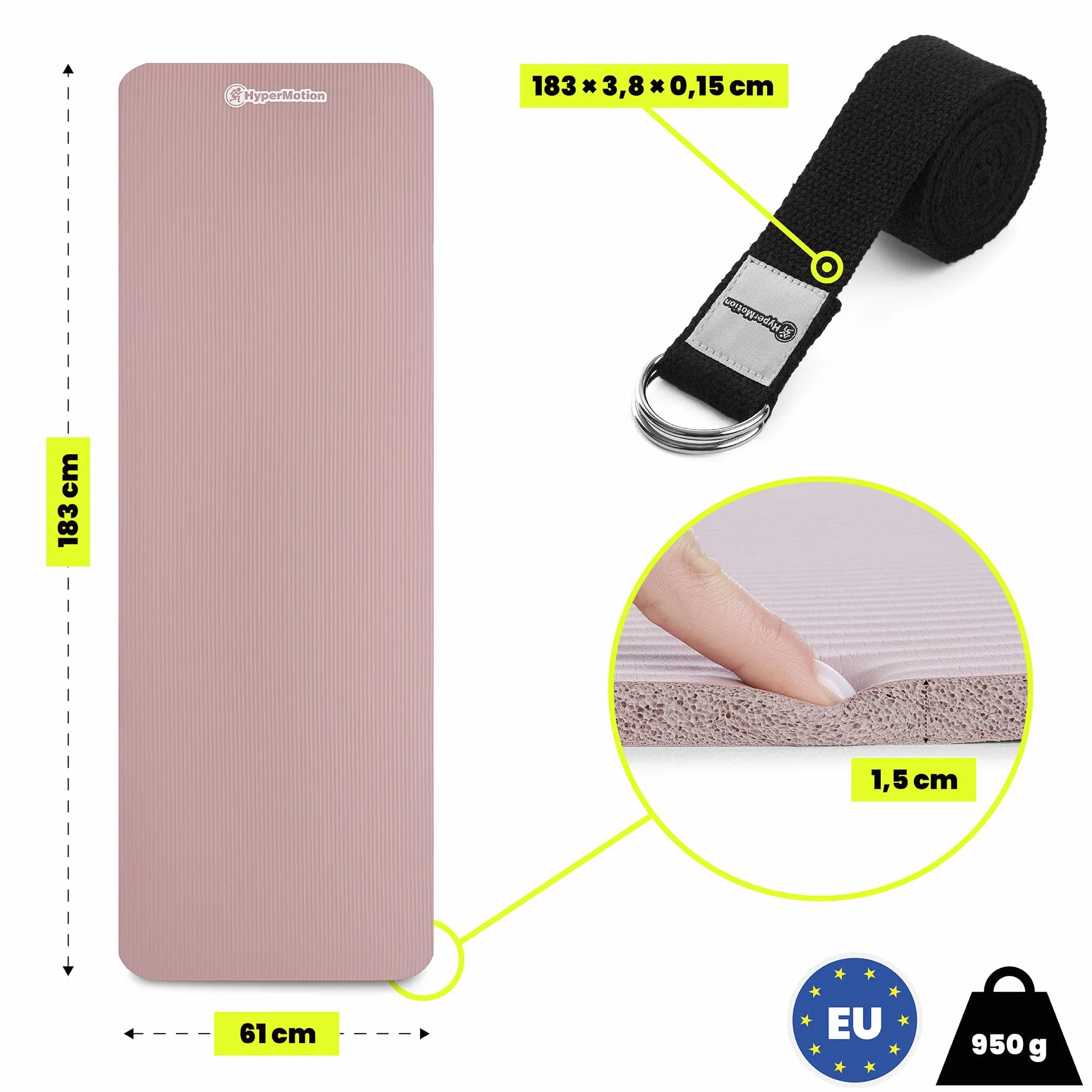 HyperMotion Mata do Ćwiczeń Fitness i Jogi NBR 183x61x1,5 cm Brudny Róż, Antypoślizgowa 15 mm, z Paskiem do Ćwiczeń i Przenoszenia, Gruba Mata do Jogi, Pilates i Stretchingu