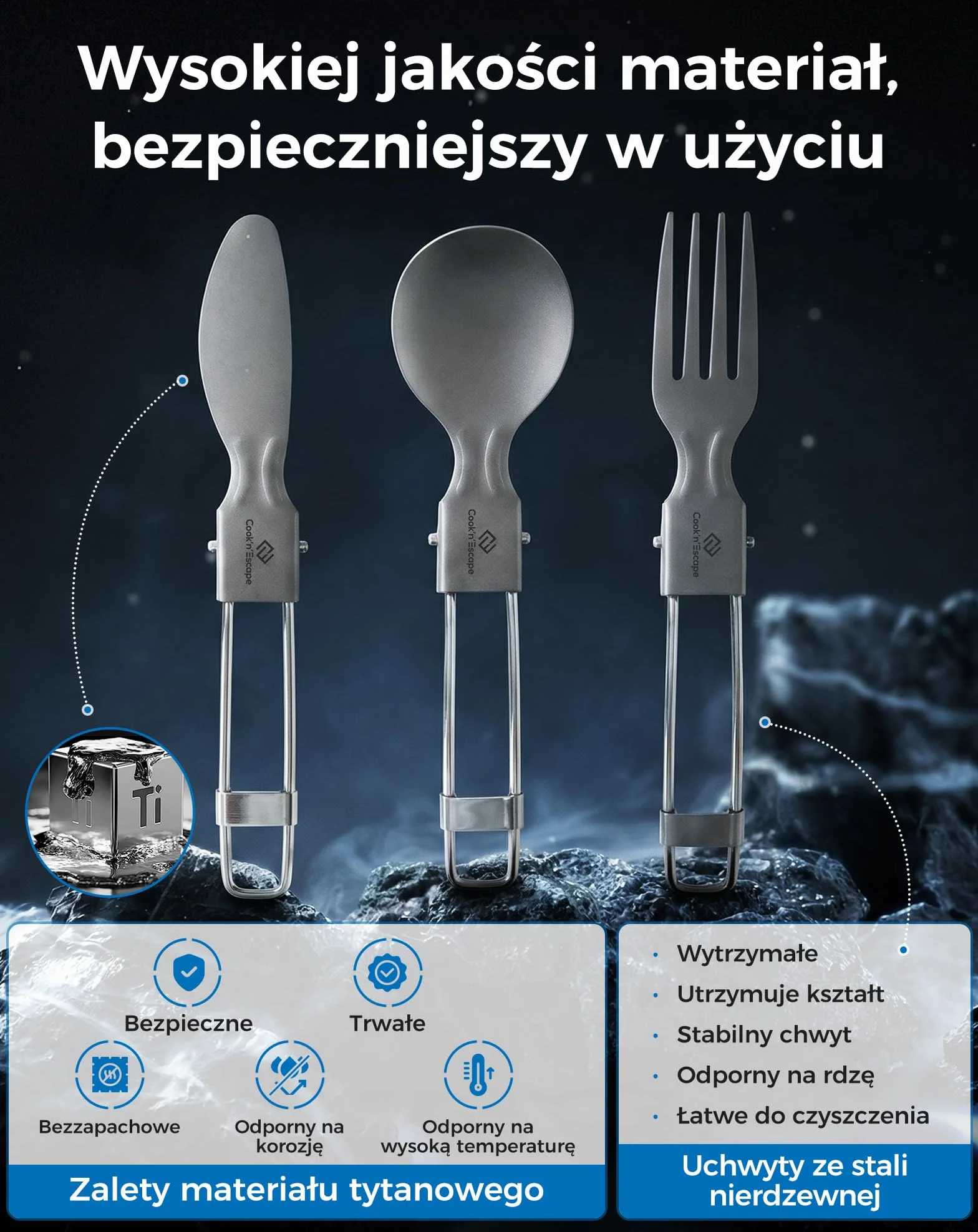 COOK'N'ESCAPE Tytanowe sztućce kempingowe, 3-częściowy zestaw sztućców – składane sztućce z nożem, widelcem, łyżką i torbą do przenoszenia, ultralekkie tytanowe sztućce podróżne do aktywności na