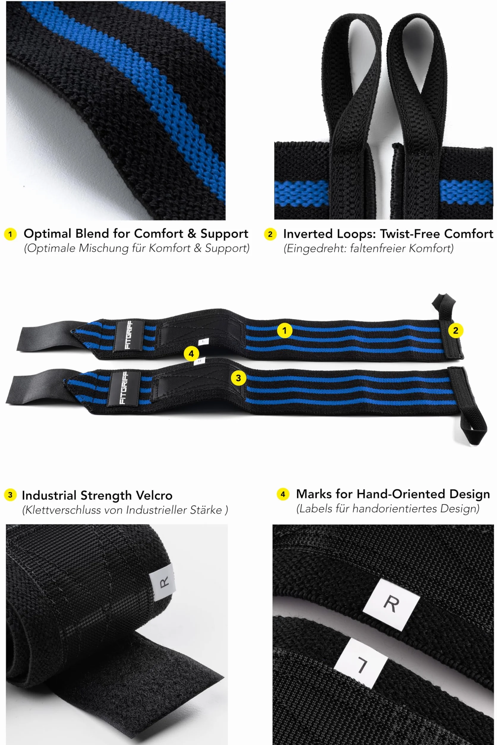 FITGRIFF® Bandaże na nadgarstek, 45 cm, do fitnessu, podparcia nadgarstka, kulturystyki, sportów siłowych i crossfitu