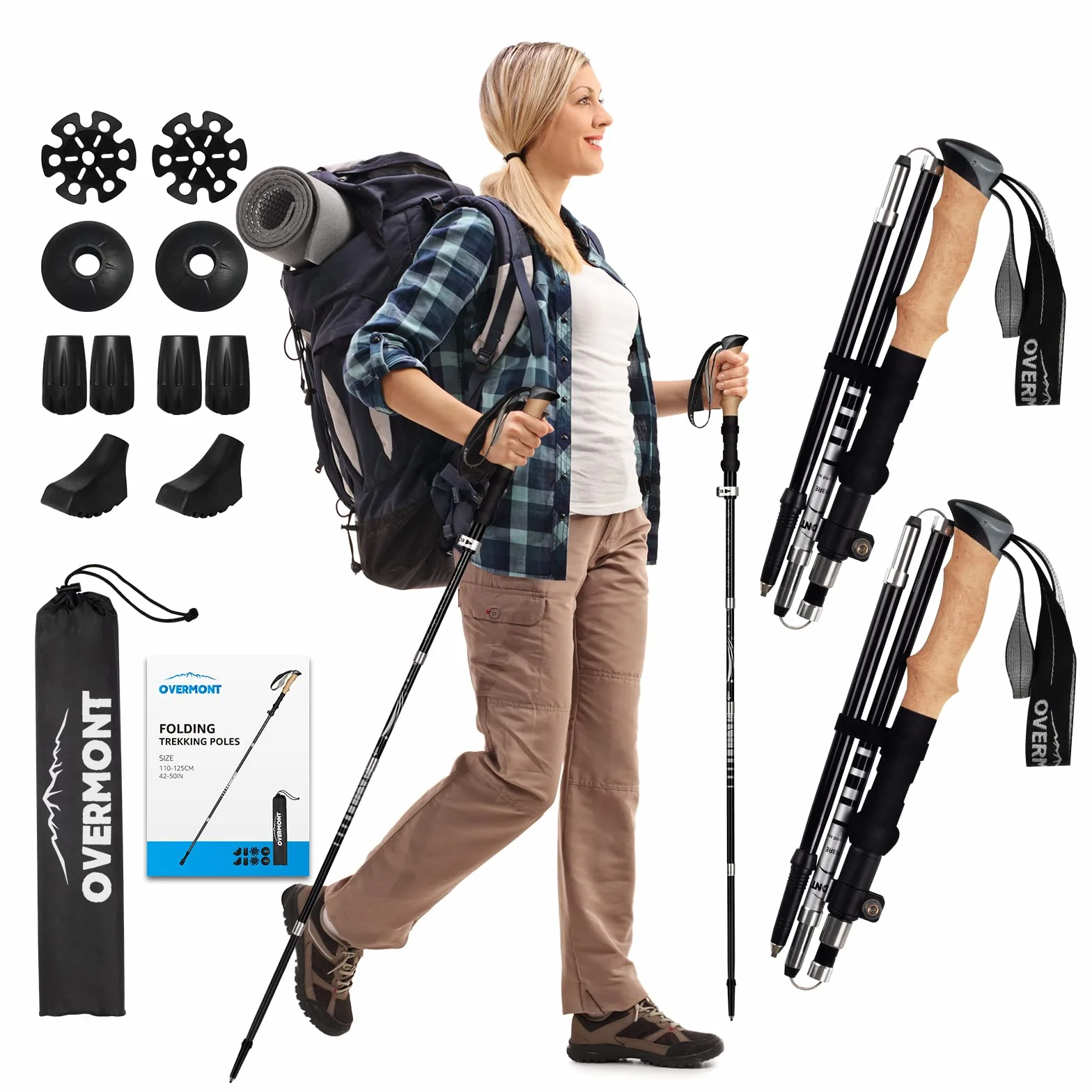 Overmont Kijki trekkingowe z włókna węglowego 7075 aluminium składane regulowane 105-125 cm do nordic walkingu 1 para