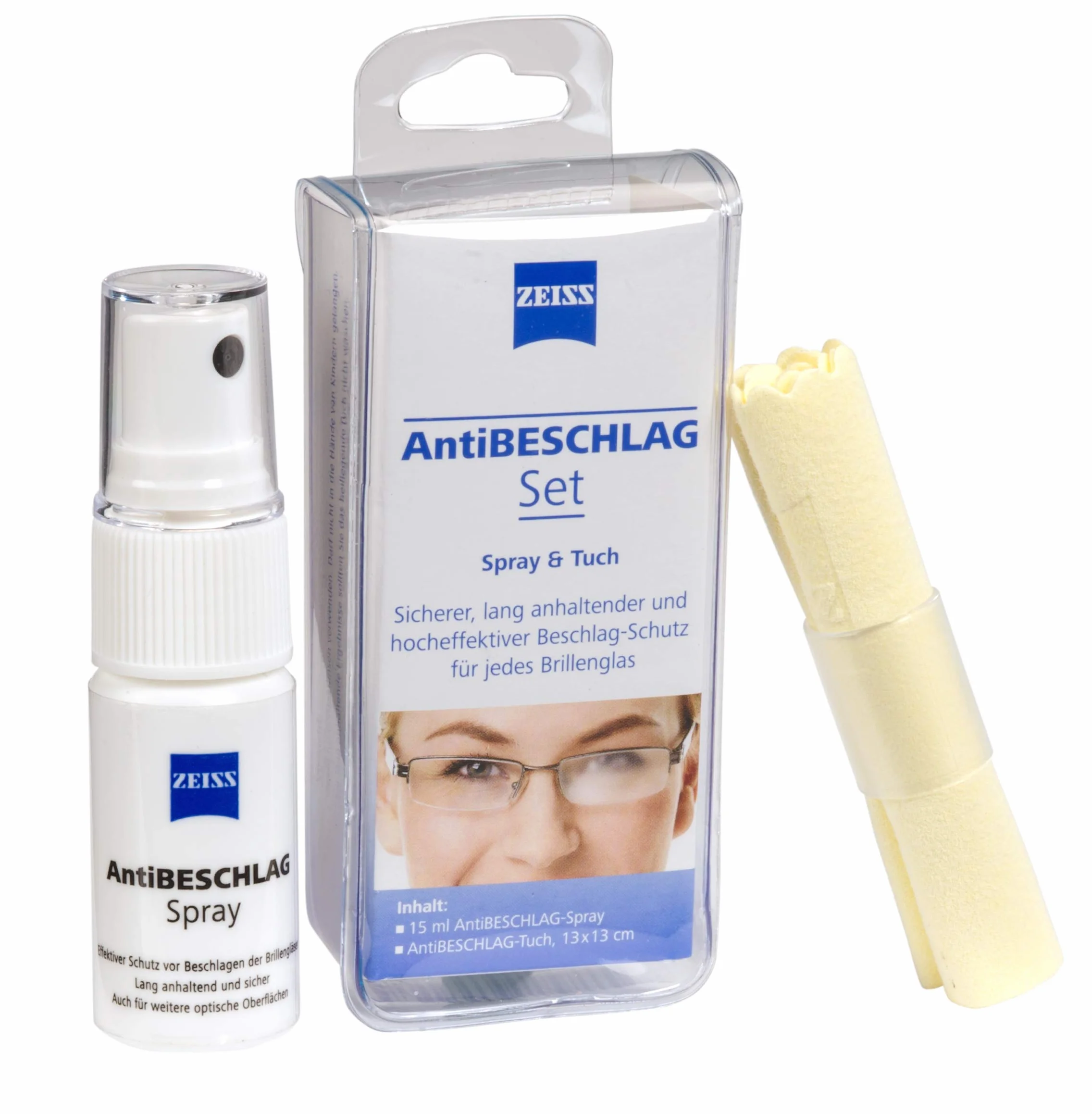 ZEISS Zestaw AntiBESCHLAG (spray 15 ml + chusteczka), skuteczna ochrona przed zaparowaniem szkieł okularów