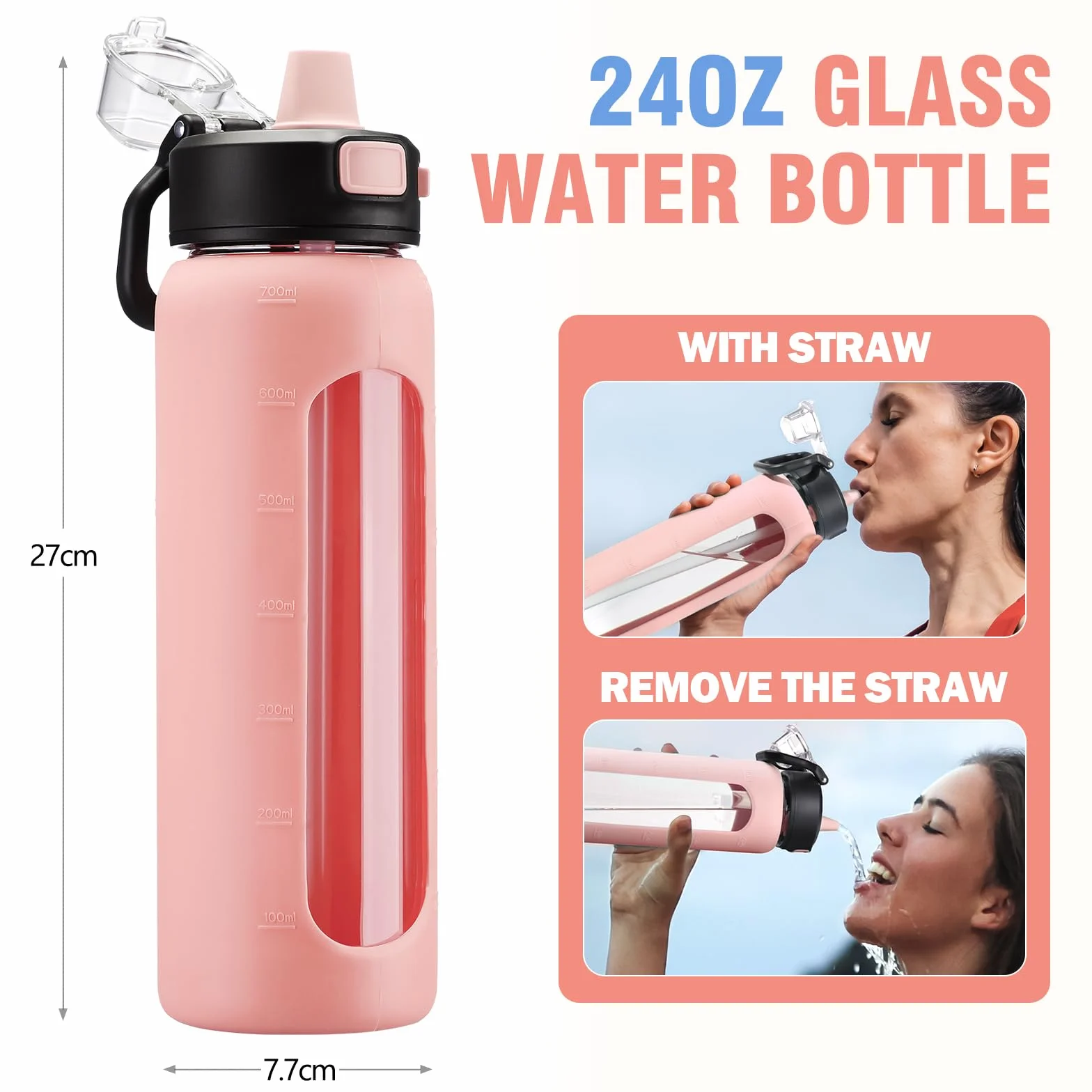 BLUEGO 700 ml Szklana butelka na wodę z uchwytem i słomką z silikonowym rękawem do uprawiania sportów na świeżym powietrzu Motywacyjna butelka na wodę szczelna, różowa
