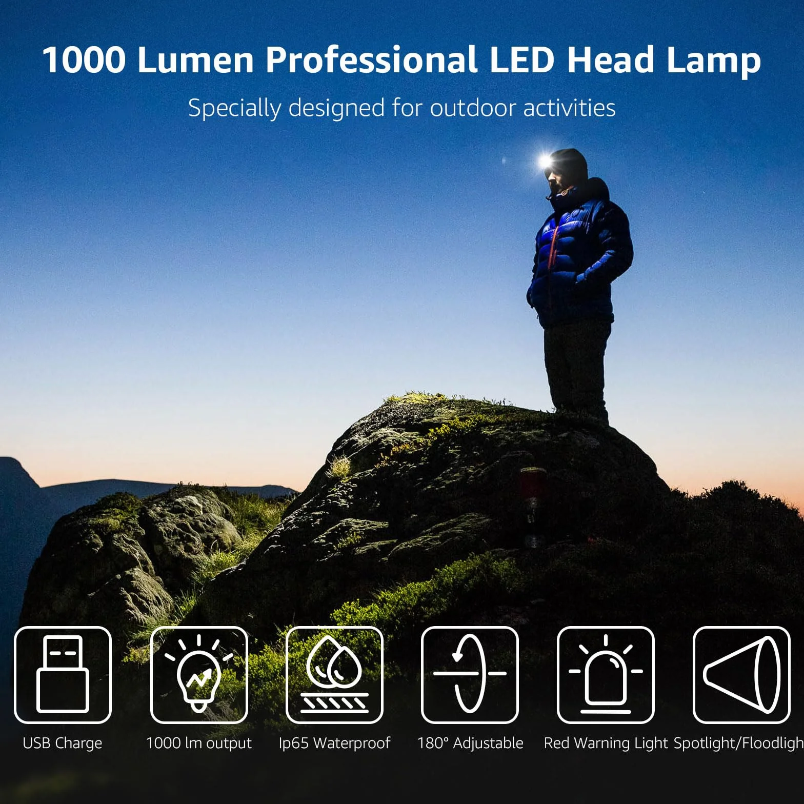 Lepro Latarka czołowa 1000 lumenów z akumulatorem – wydajna, odłączana lampa czołowa z baterią 2200 mAh, super jasna wiązka latarki 152 m (500 stóp), wodoodporny reflektor LED IP65, do campingu