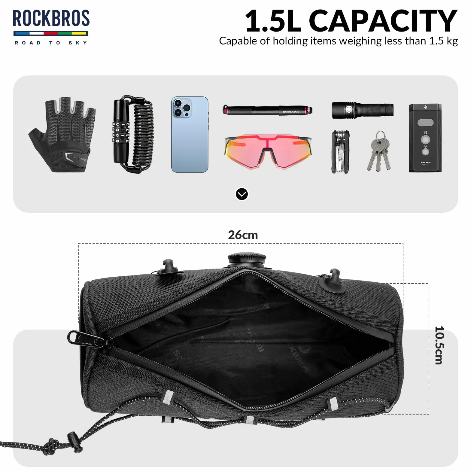 ROCKBROS Road-to-Sky Torba na Kierownicę Roweru Torba Przednia na Kierownicę ok. 1,5L Wodoodporna Odblaskowa Nowoczesna 5 Kolorów do MTB Rower Szosowy Rower Miejski Czarny