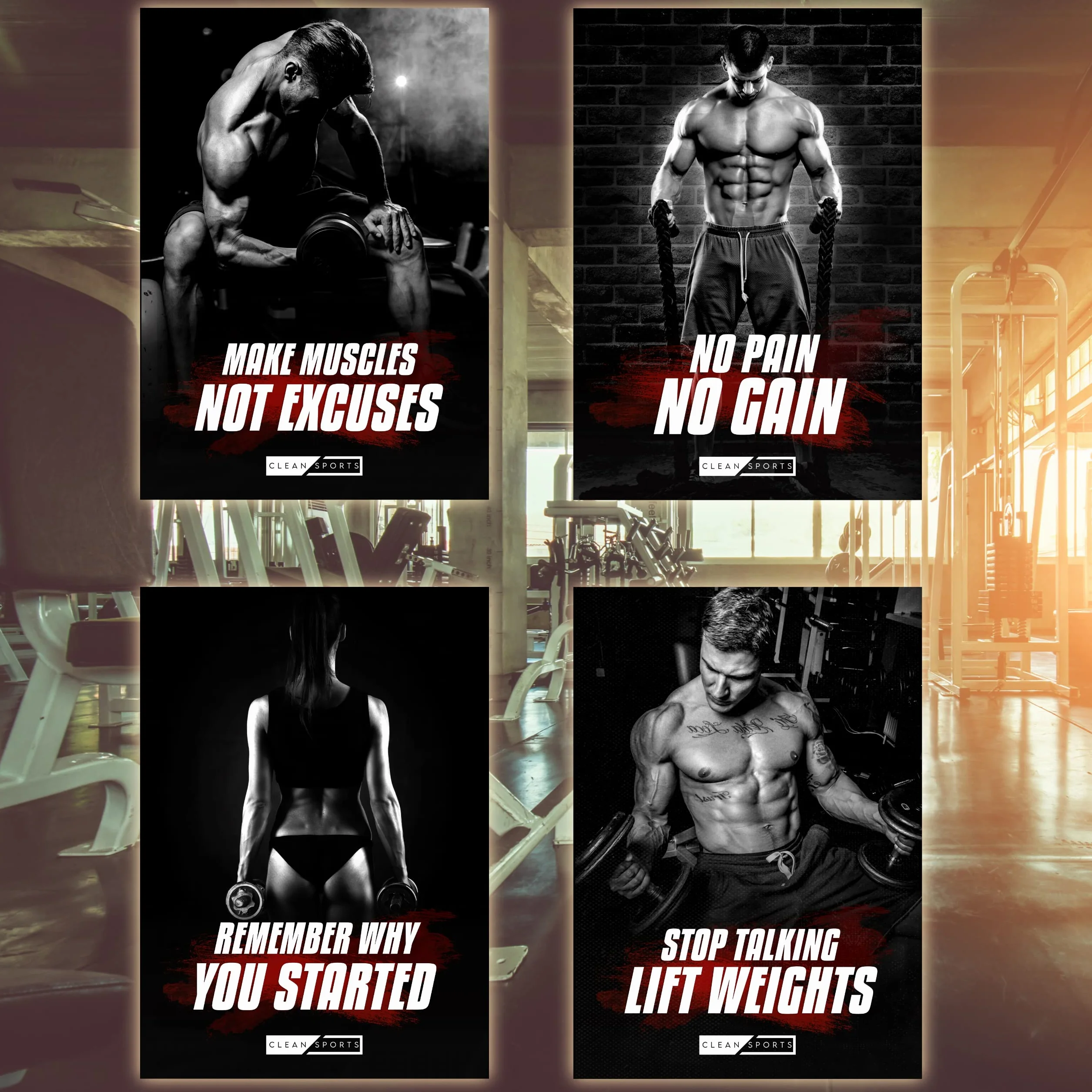 CLEAN SPORTS Plakat fitness – zestaw 4 obrazów motywacyjnych dla obrazków ciała w formacie DIN A2 – plakat treningowy do studia fitness i domu – bez ramki, idealna dekoracja do Twojej sali treningowej