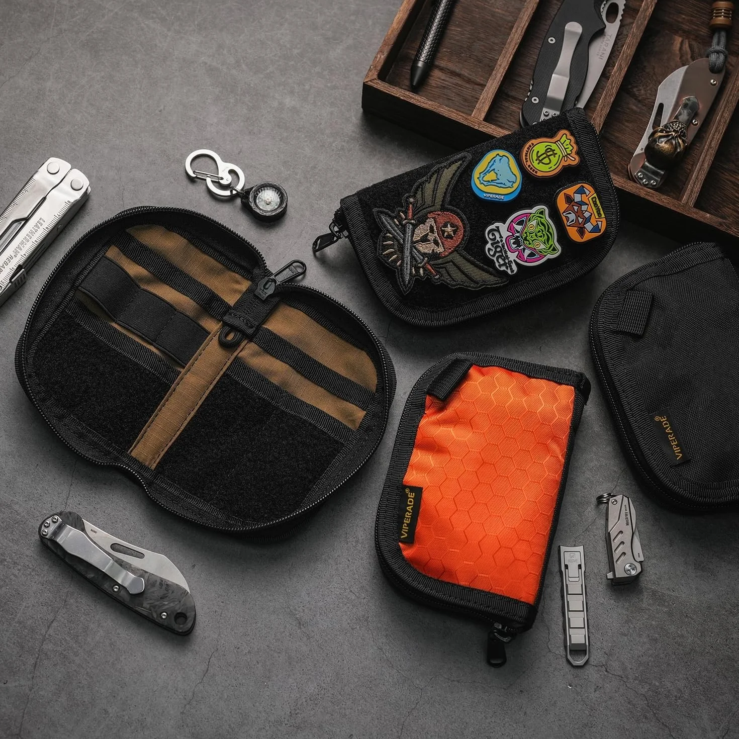 VIPERADE VE20 EDC mały organizer kieszonkowy z 8 przegródkami, torba na narzędzia z naszywkami, panel wystawowy