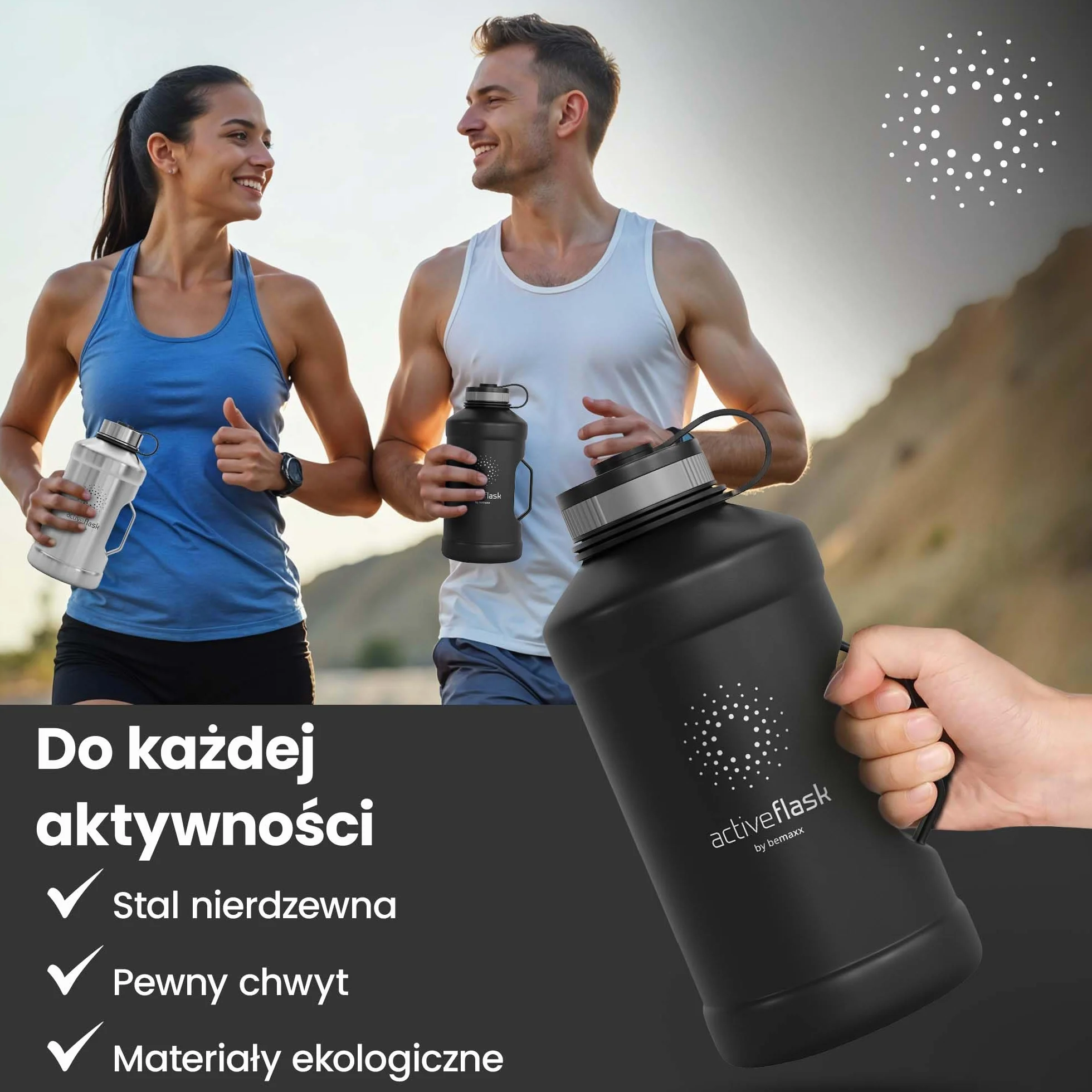 Butelka do picia ze stali nierdzewnej ACTIVE FLASK + Słomka (3 pokrywy) | Duża 1,3/2,2 Litrowa Sportowa bez BPA Nieprzeciekająca, 2l XL Sport Fitness Siłownia trening szczelna