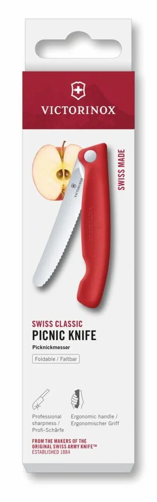 Victorinox Swiss Classic składany nóż piknikowy na wędrówki, owoce, warzywa, bułki, kiełbasy, ząbkowane cięcie, bardzo ostry, czerwony
